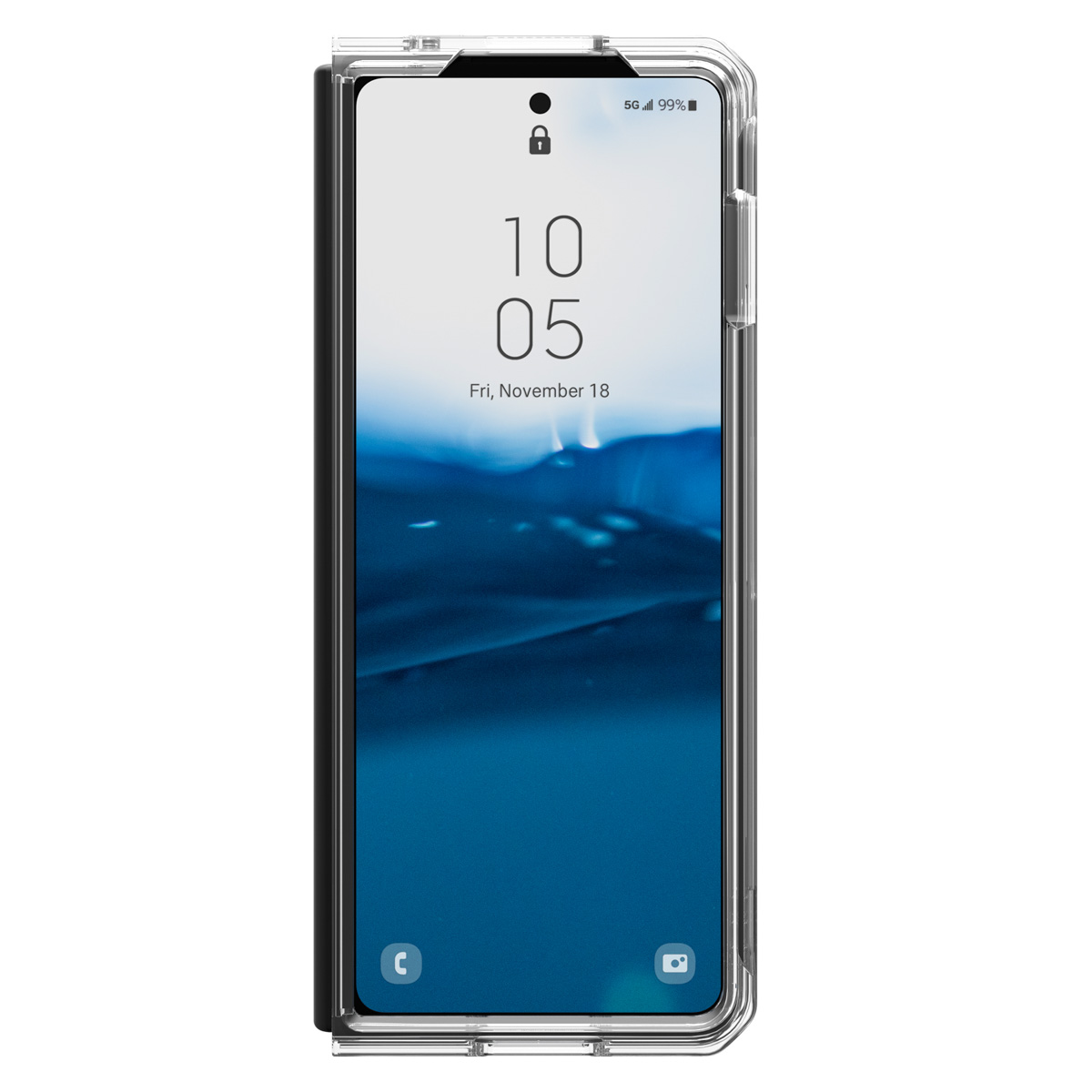 Składany smartfon w przezroczystym etui ochronnym wyświetla godzinę i datę.