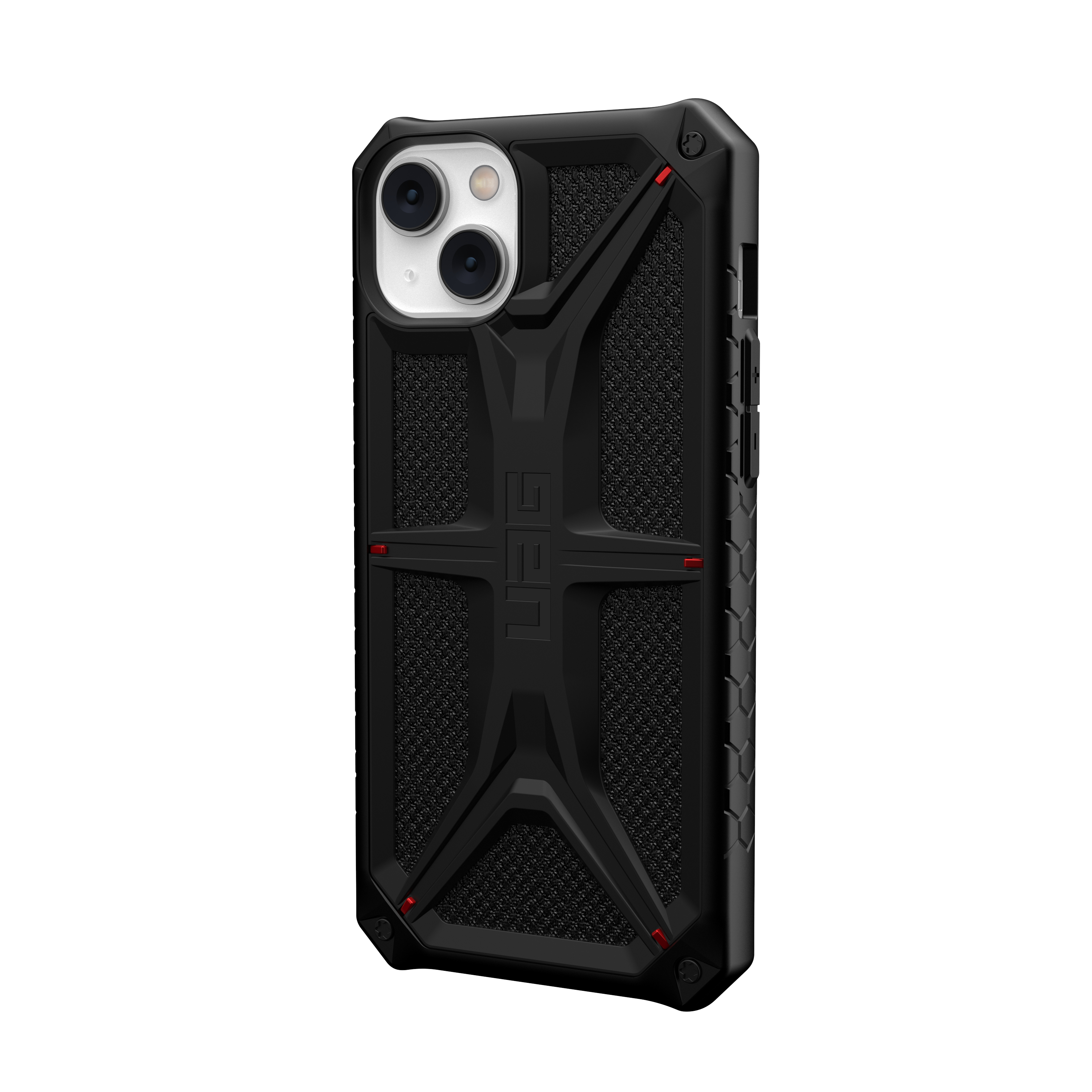 Robusta custodia protettiva nera con design testurizzato e modulo fotocamera doppio su sfondo bianco.