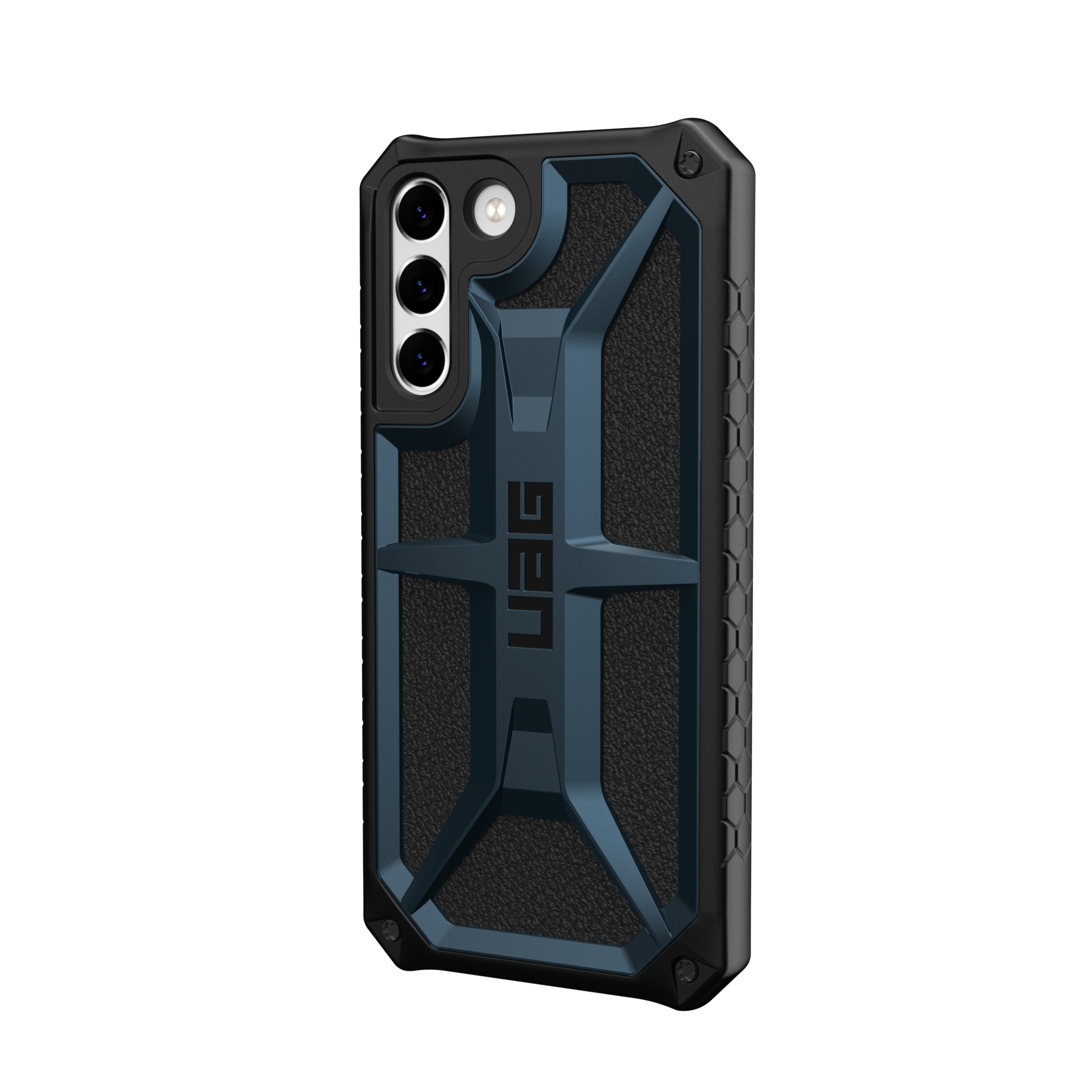 Blaue und schwarze robuste Schutzhülle für Mobiltelefone mit dreifachem Kameraausschnitt und markantem Design.
