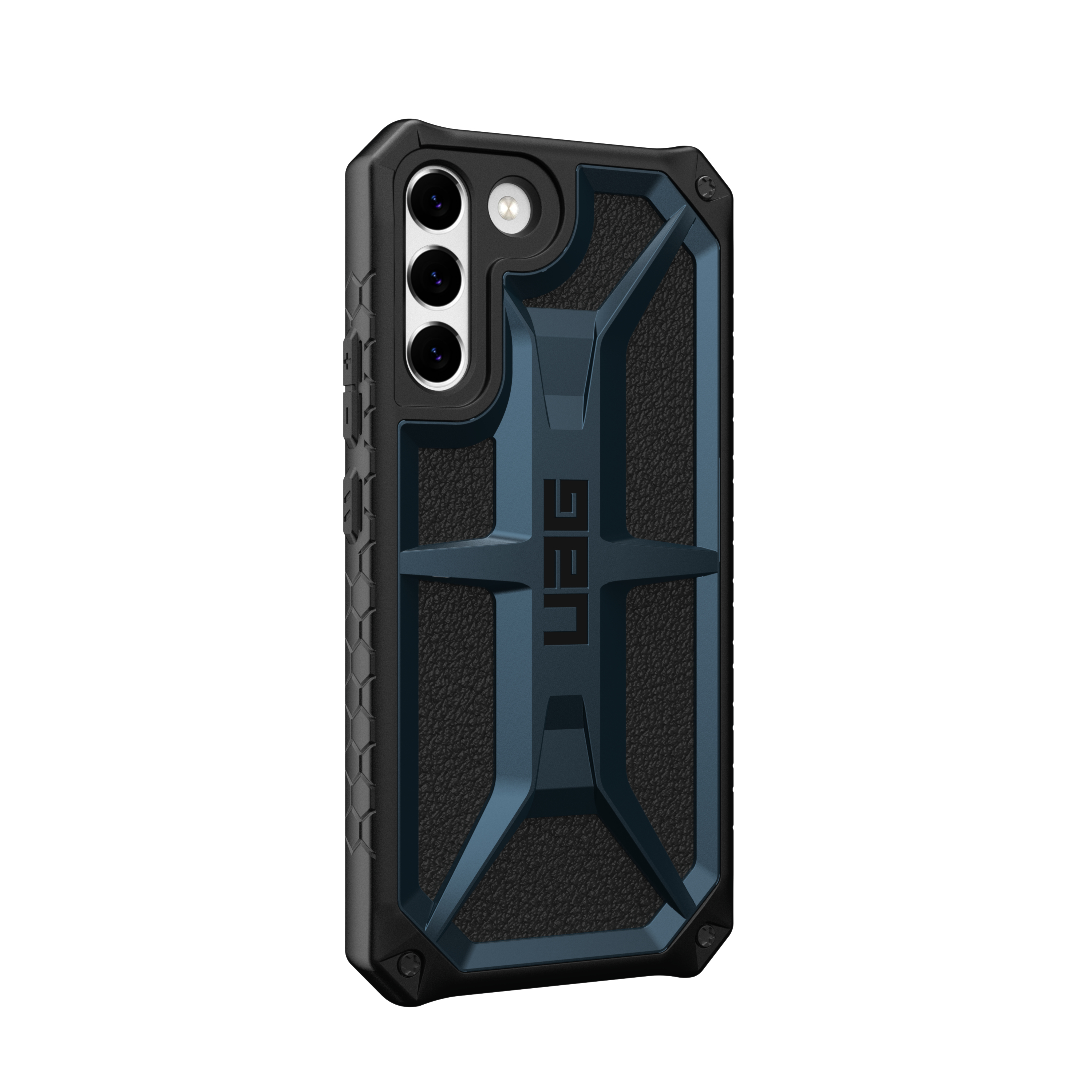 Blaue und schwarze robuste Schutzhülle für ein Smartphone mit Dreifachkamera und UAG-Logo auf der Rückseite.