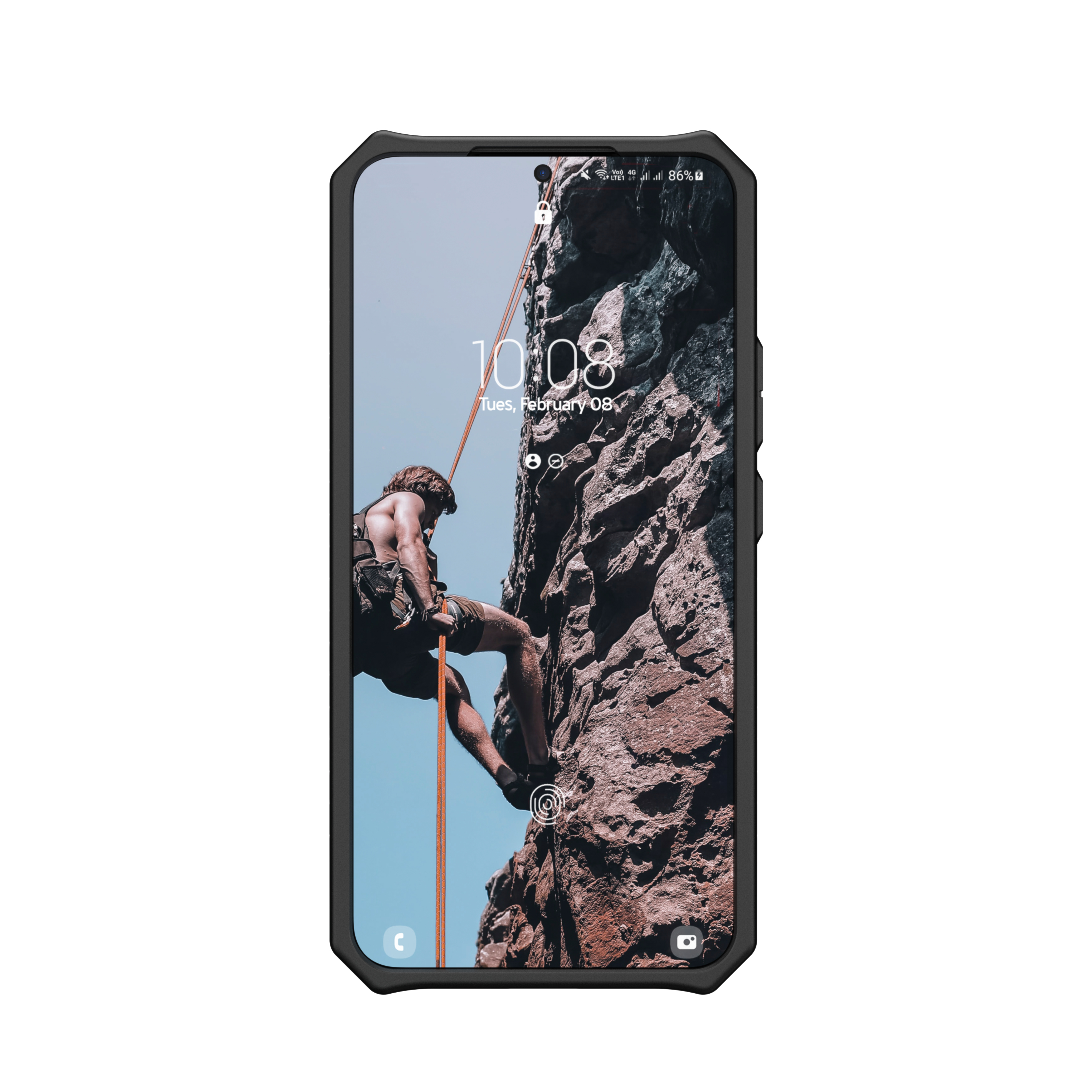 Smartphone im Schutzcase mit einem Hintergrundbild von einem Kletterer an einer Felswand.