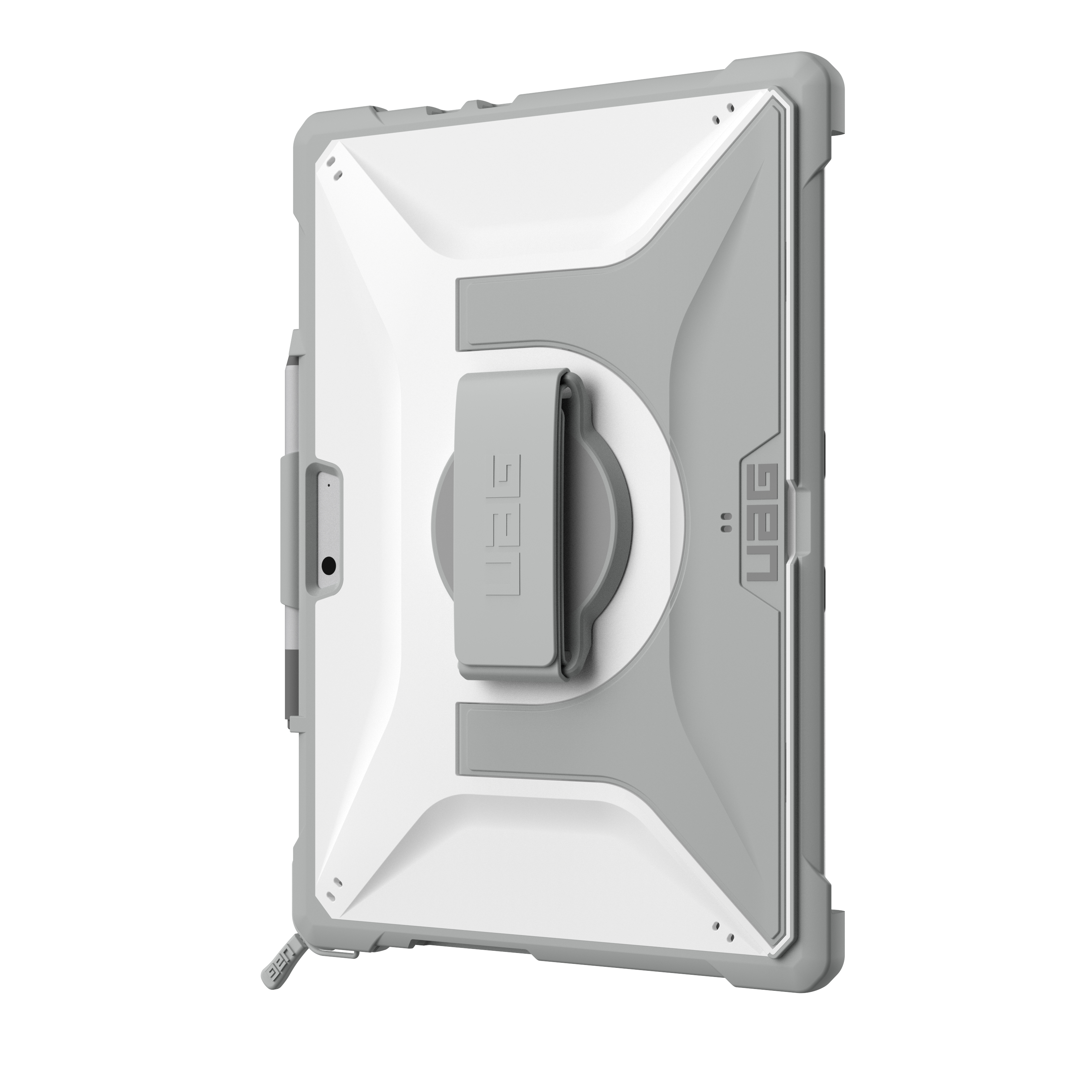 Eine weiße und graue Schutzhülle für Tablets mit Handschlaufe und Stiftehalter vor weißem Hintergrund.