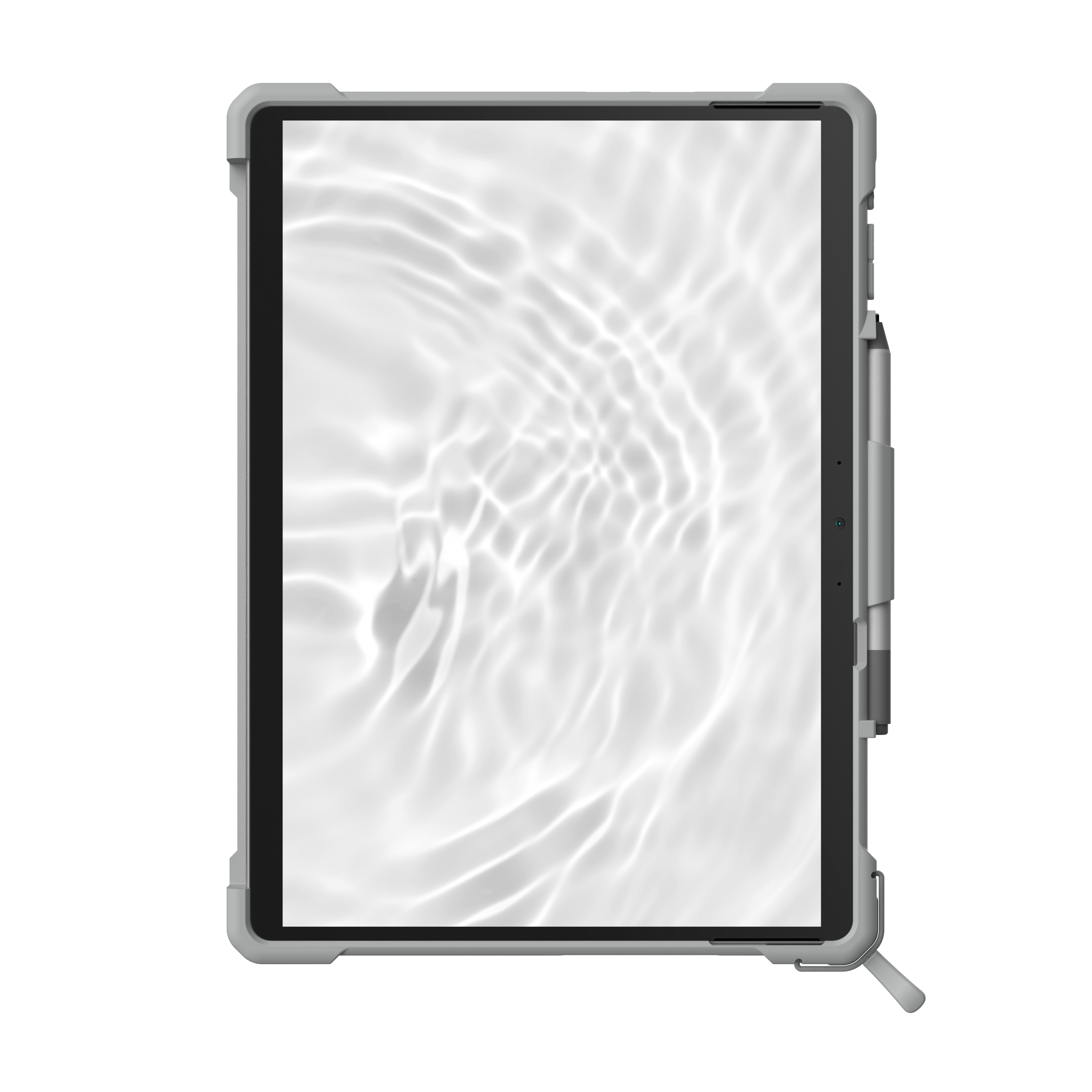 Ein graues Tablet mit Schutzhülle und Stift zeigt ein abstraktes, weißes Wassermuster auf dem Bildschirm.