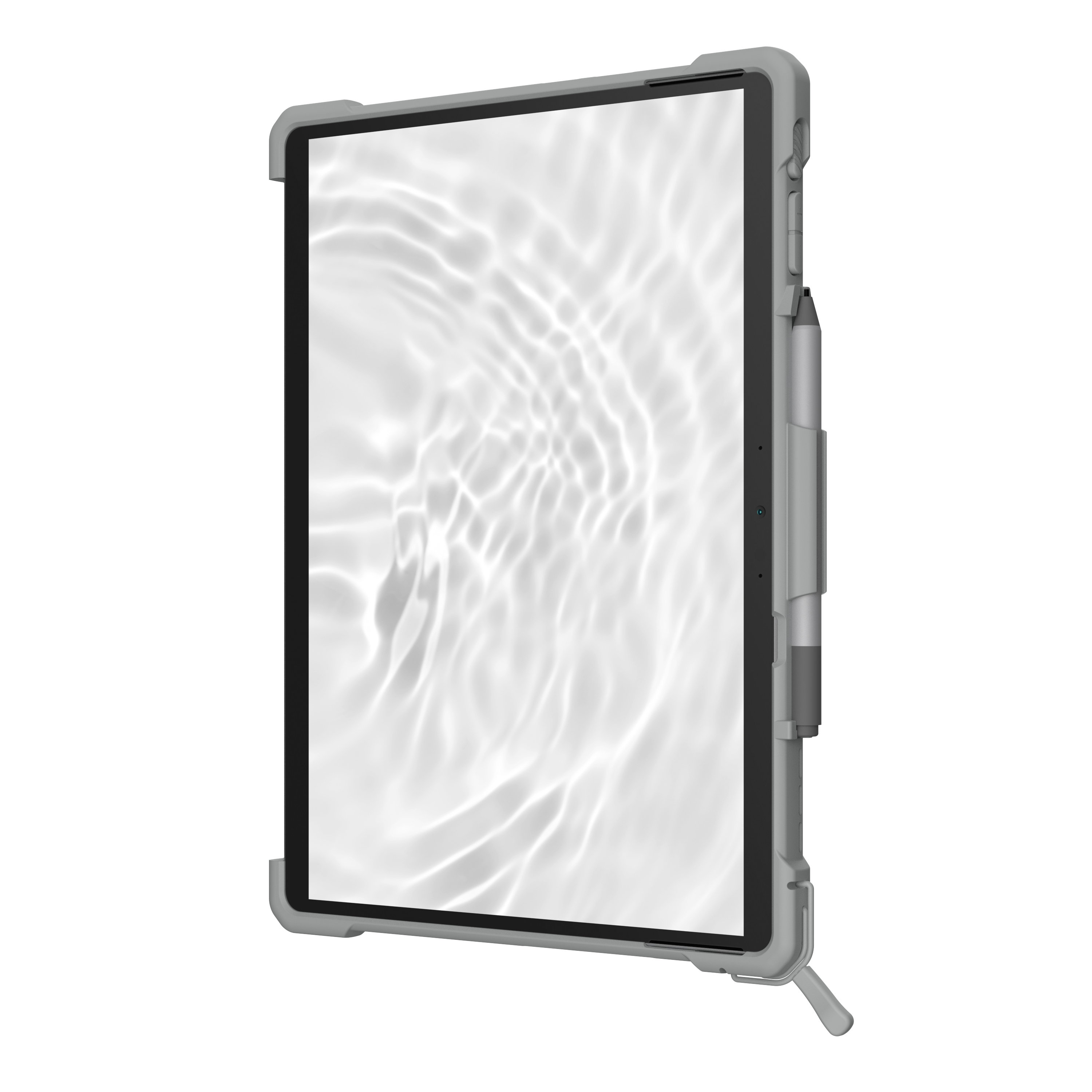 Ein graues Tablet in Schutzhülle zeigt Wasserwellen auf dem Display, mit einem Stift an der Seite.