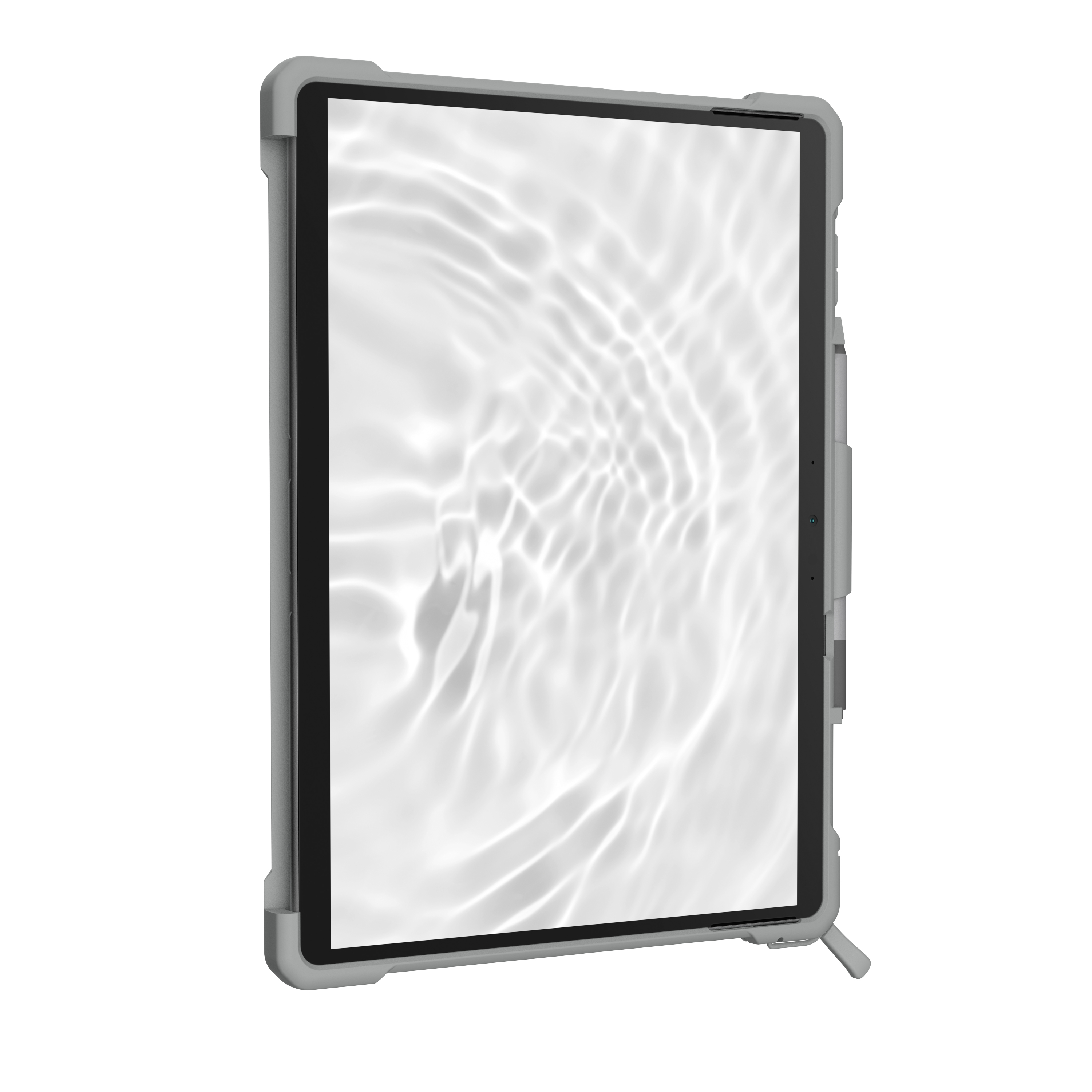 Ein Tablet in einer grauen Schutzhülle zeigt eine helle Wasserwellen-Grafik auf dem Bildschirm.