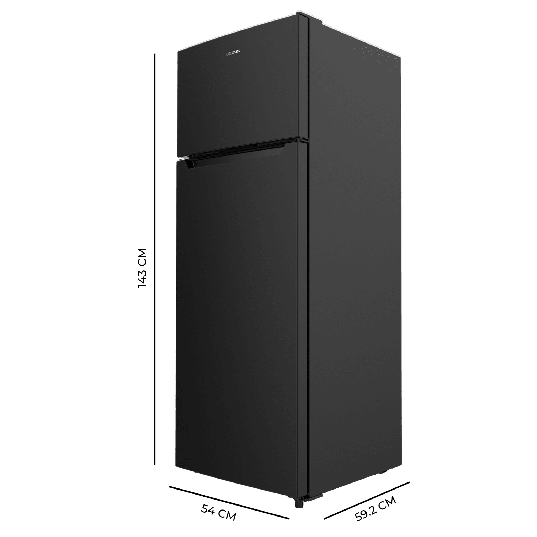Frigorifero nero Cecotec con dimensioni in cm su sfondo nero.