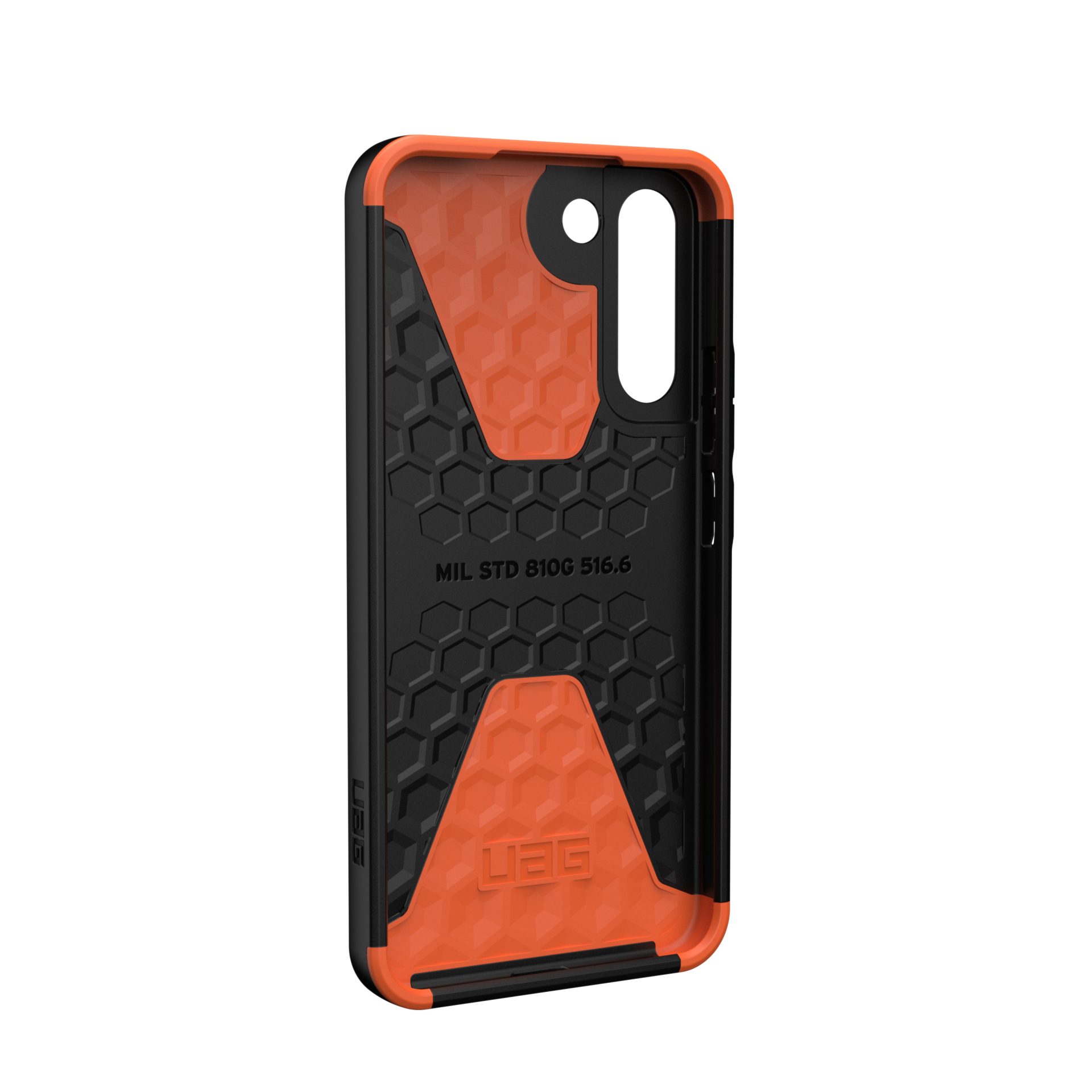 Una cover per smartphone nera e arancione con motivo a nido d'ape e certificazione militare.