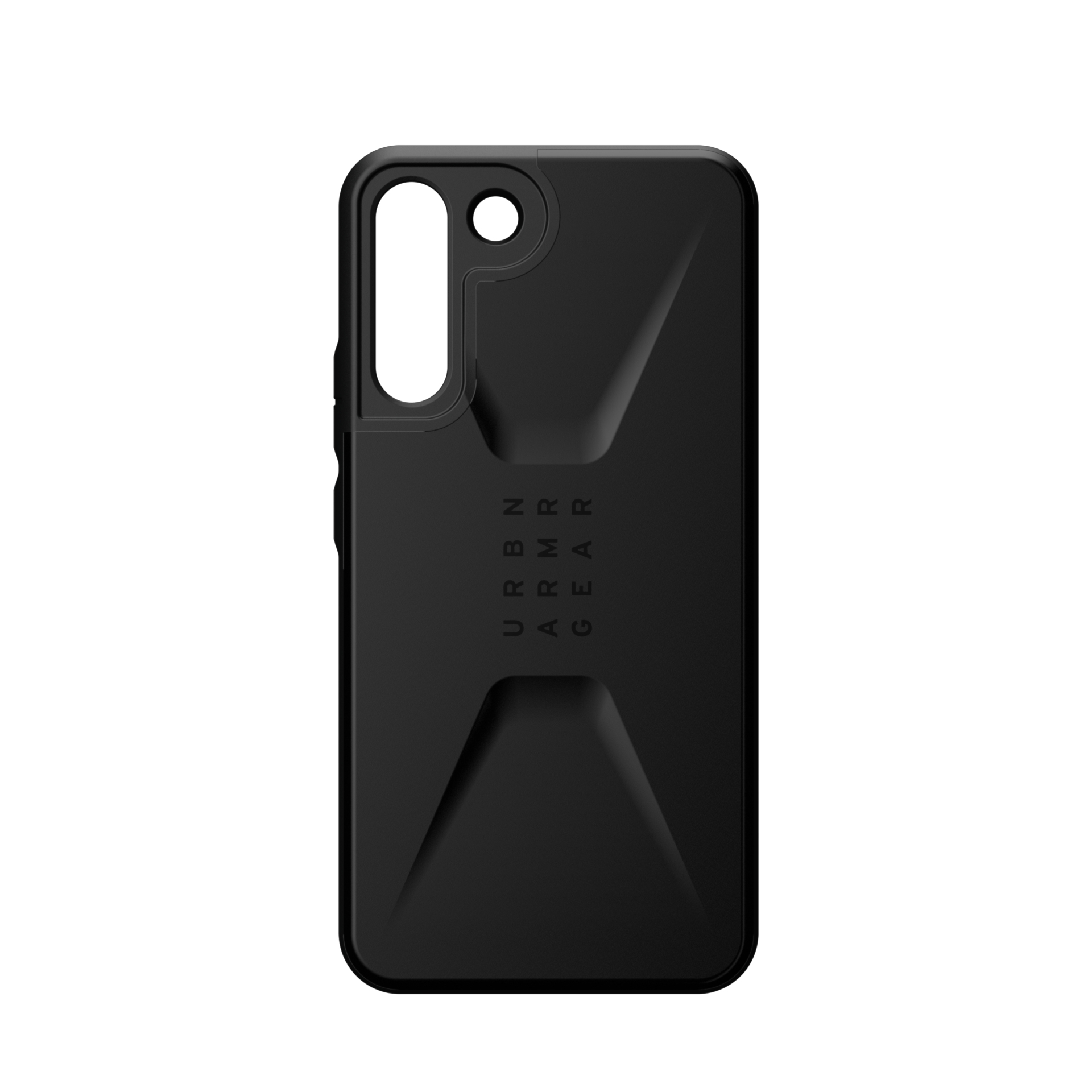 Custodia per smartphone nera e robusta con logo su sfondo bianco.