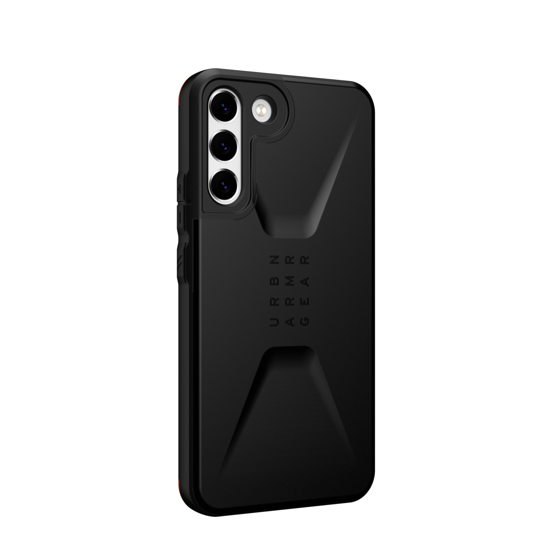 Custodia protettiva nera per smartphone con modulo fotocamera integrato e logo discreto.