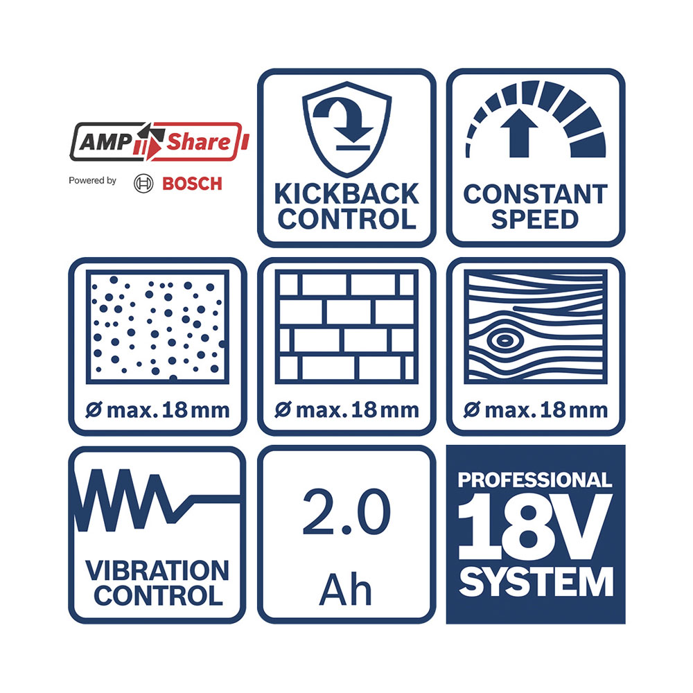 Icone mostrano funzioni come Kickback Control, sistema Bosch 18V e batteria da 2.0 Ah.