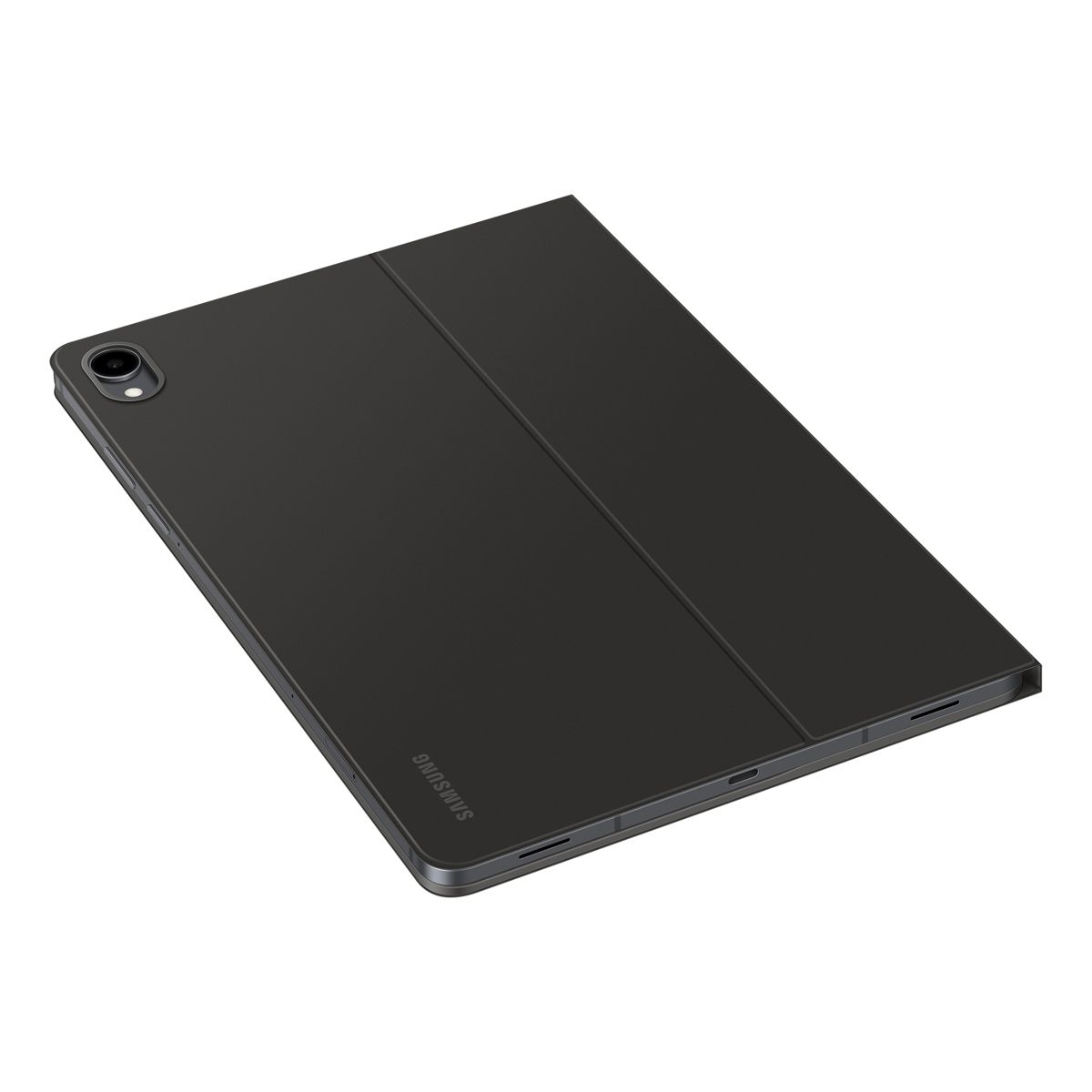 Un tablet Samsung nero in una custodia protettiva, fotografato di sbieco da dietro su sfondo bianco.