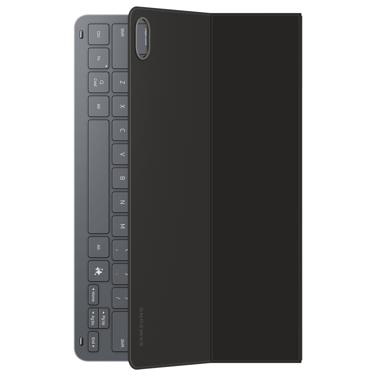 Una tastiera grigia con custodia protettiva nera integrata e logo Samsung su sfondo bianco.