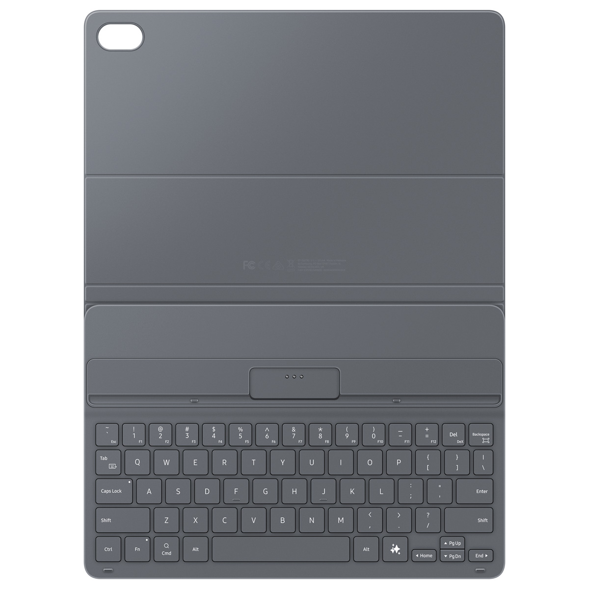 Custodia con tastiera grigia per tablet con tastiera QWERTY integrata e supporto magnetico su sfondo neutro.