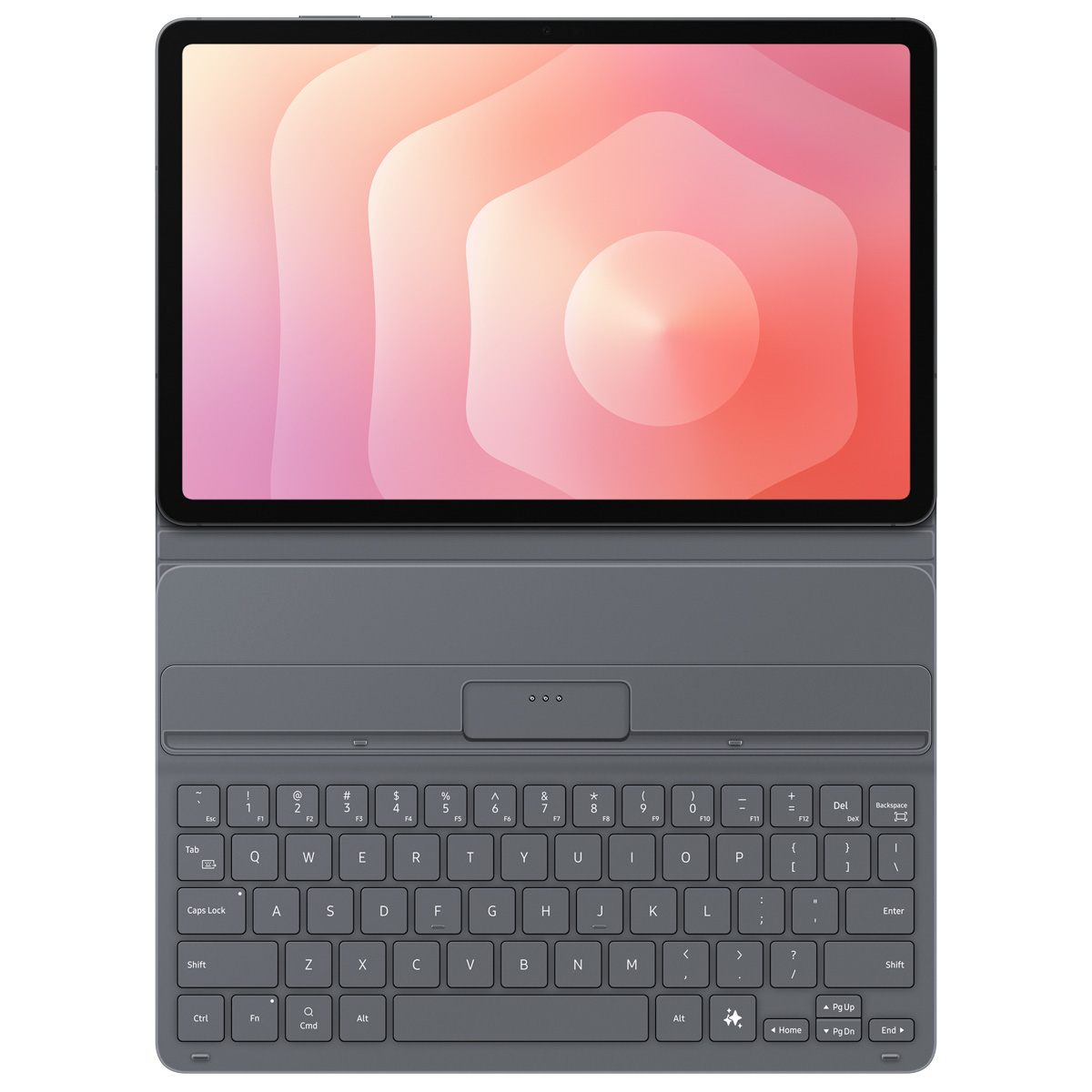 Un tablet grigio con tastiera collegata mostra uno sfondo astratto rosa e arancione sullo schermo.