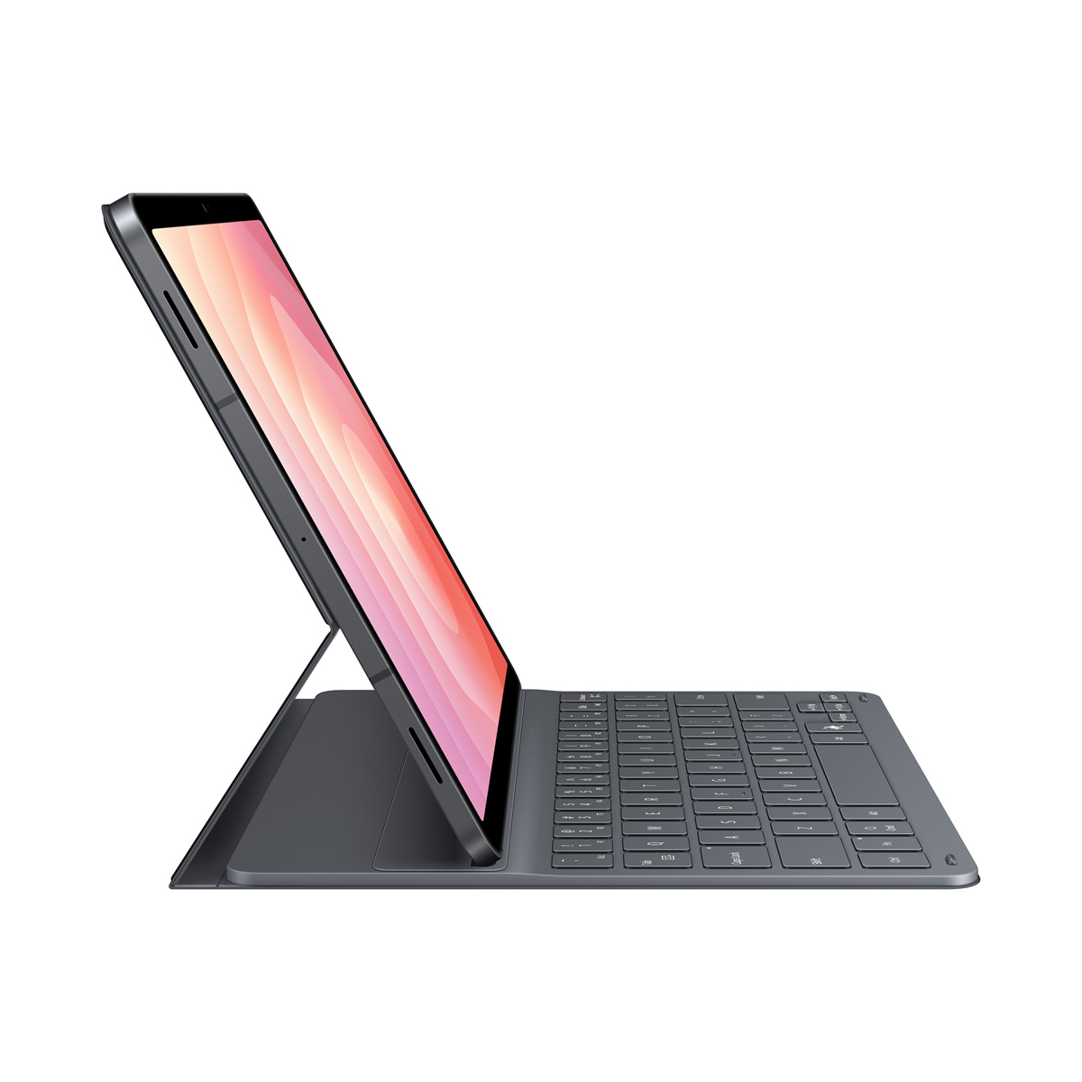Un tablet grigio con custodia di supporto e tastiera collegata, visto di lato su sfondo bianco.