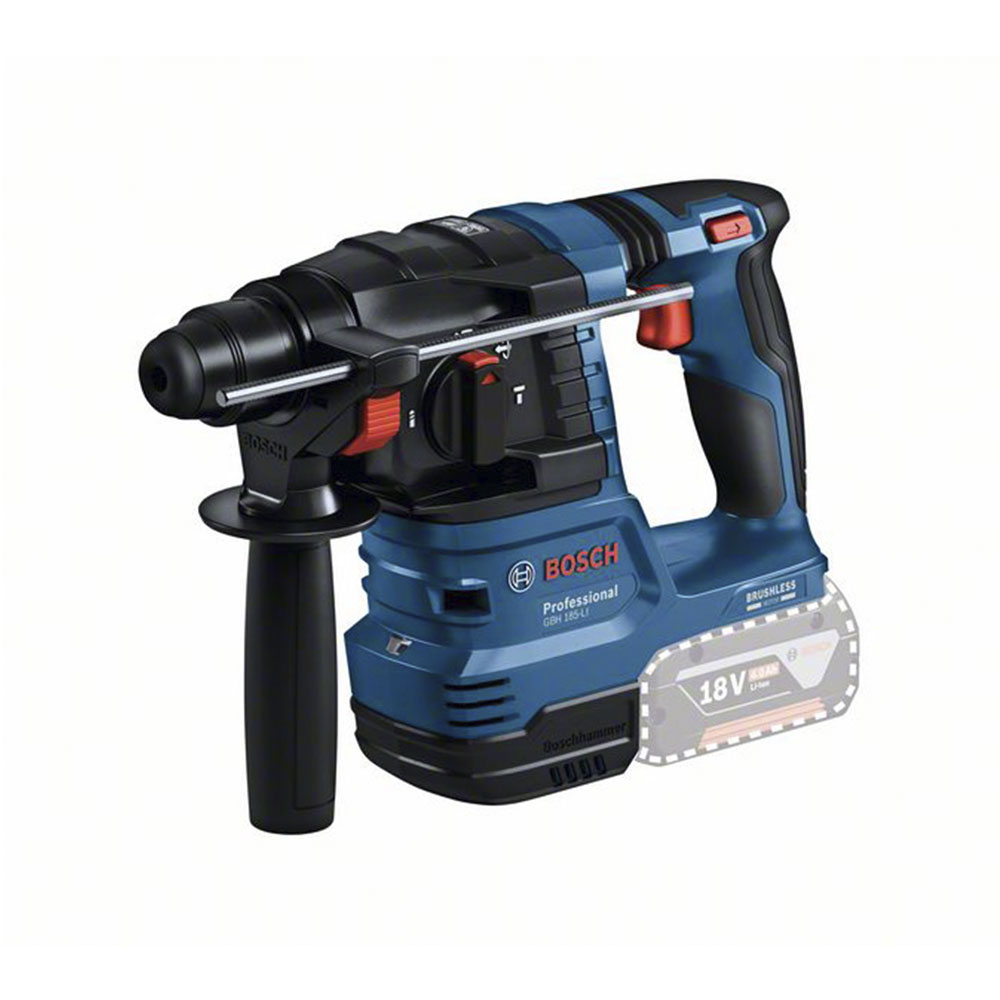Un martello perforatore a batteria Bosch Professional blu e nero su sfondo bianco.