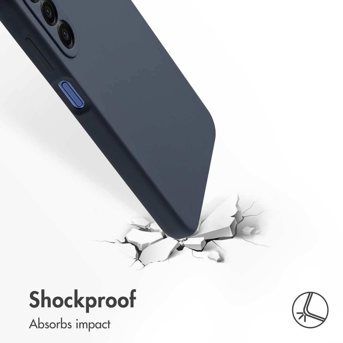 Funda de teléfono azul golpeando una superficie blanca agrietada con texto Shockproof.
