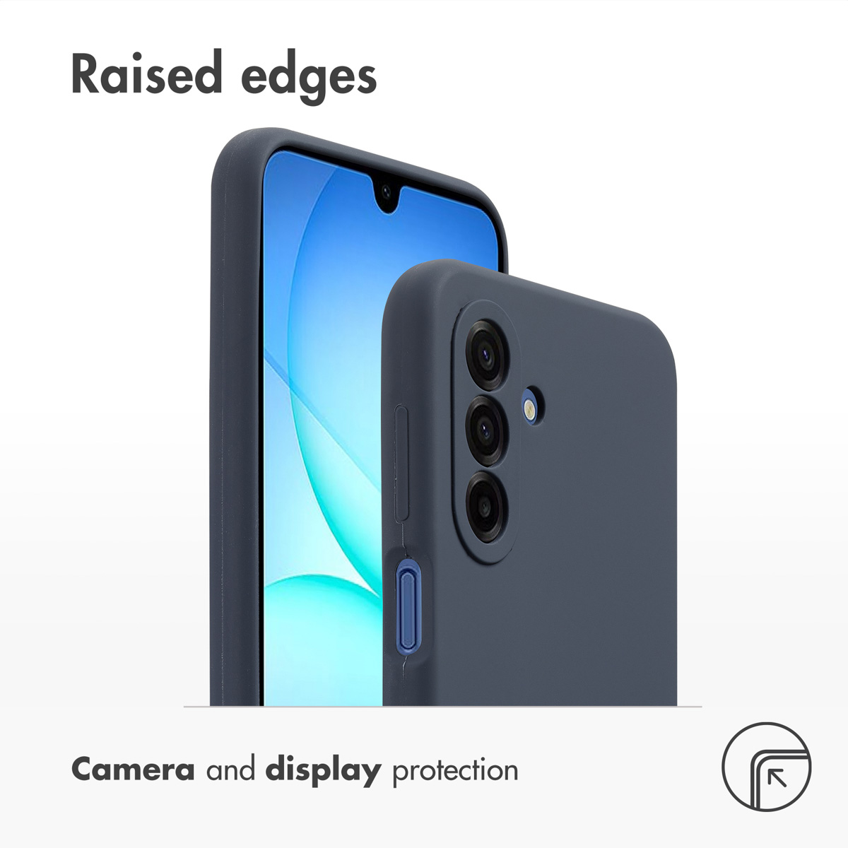 Funda de móvil azul oscura con bordes elevados para proteger cámara y pantalla.