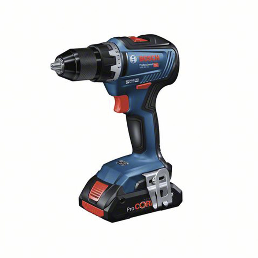 Trapano a batteria Bosch blu e nero con batteria collegata, su sfondo bianco.