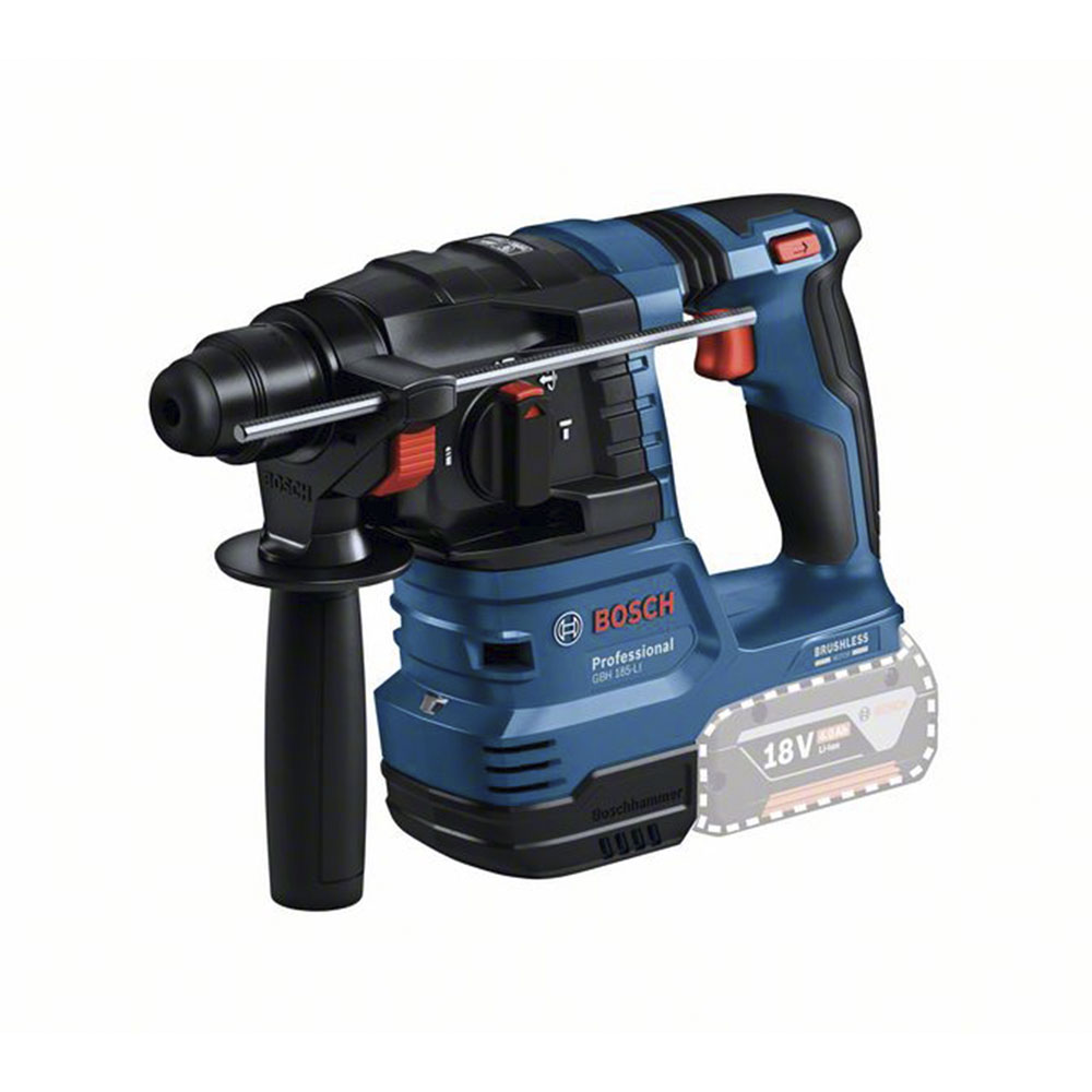 Un martello perforatore a batteria Bosch Professional blu e nero su sfondo bianco.