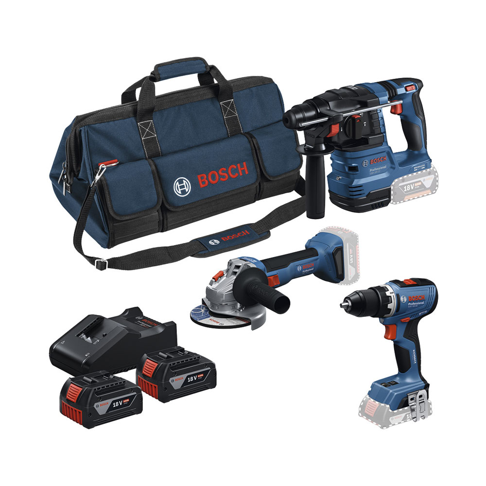 Un set di attrezzi Bosch con utensili blu, due batterie, un caricabatterie e una borsa.