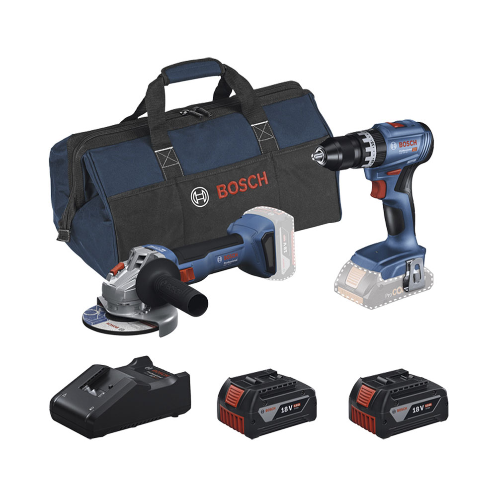 Ensemble d'outils Bosch avec perceuse, meuleuse, chargeur, deux batteries et sac bleu.