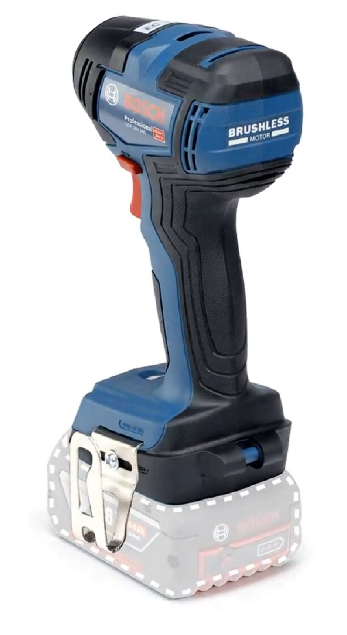 Ein blauer und schwarzer Bosch Professional Akku-Bohrschrauber mit Gürtelclip auf weißem Hintergrund.