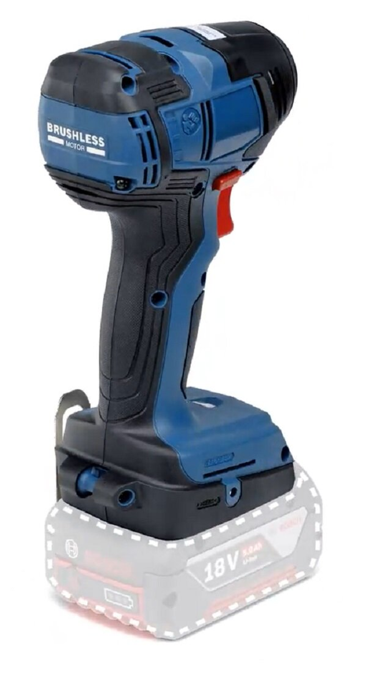 Eine blaue und schwarze Bosch Akku-Bohrmaschine mit bürstenlosem Motor und befestigtem 18V Akku auf weißem Grund.