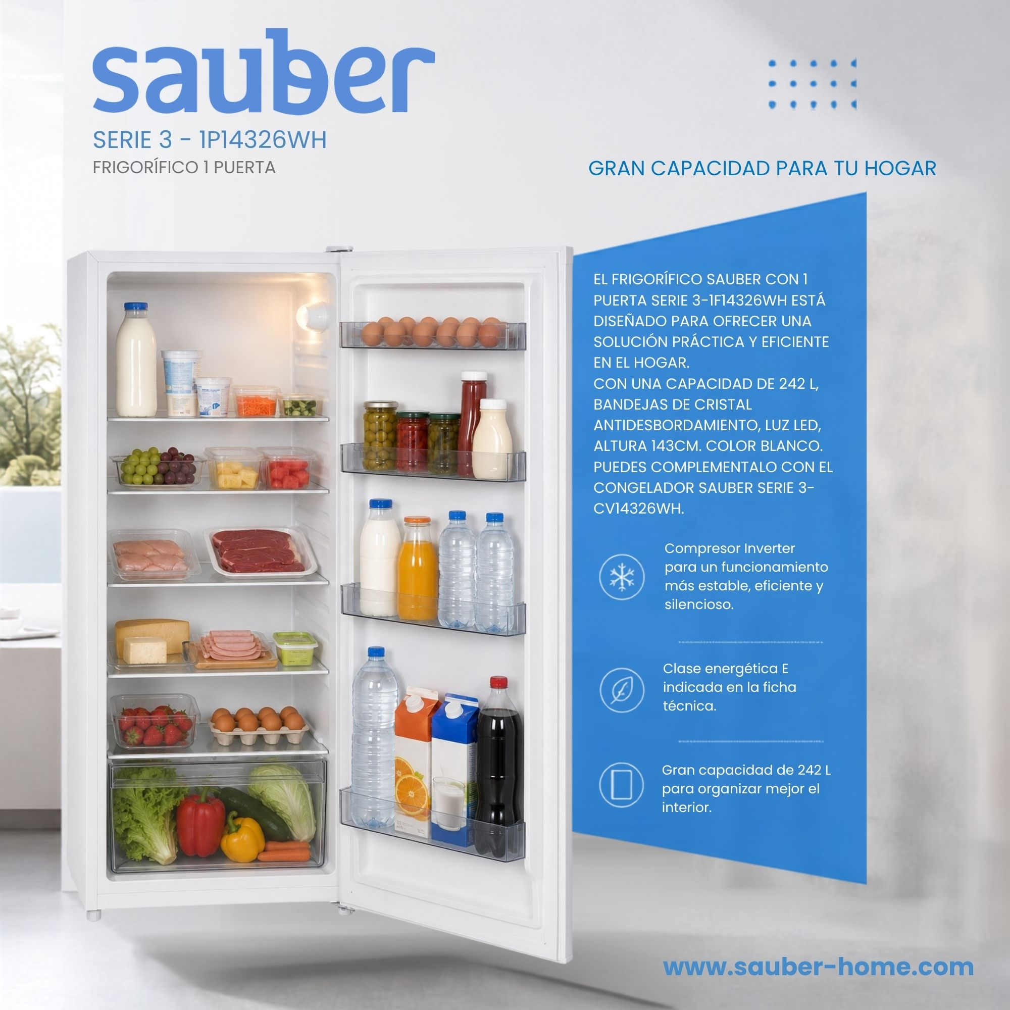 Frigorífico Sauber abierto con estantes llenos de alimentos y textos publicitarios.