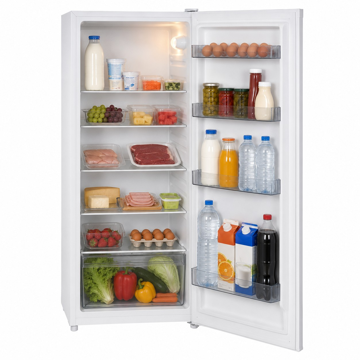 Un refrigerador blanco abierto lleno de leche, carne, verduras, frutas y bebidas en los estantes.