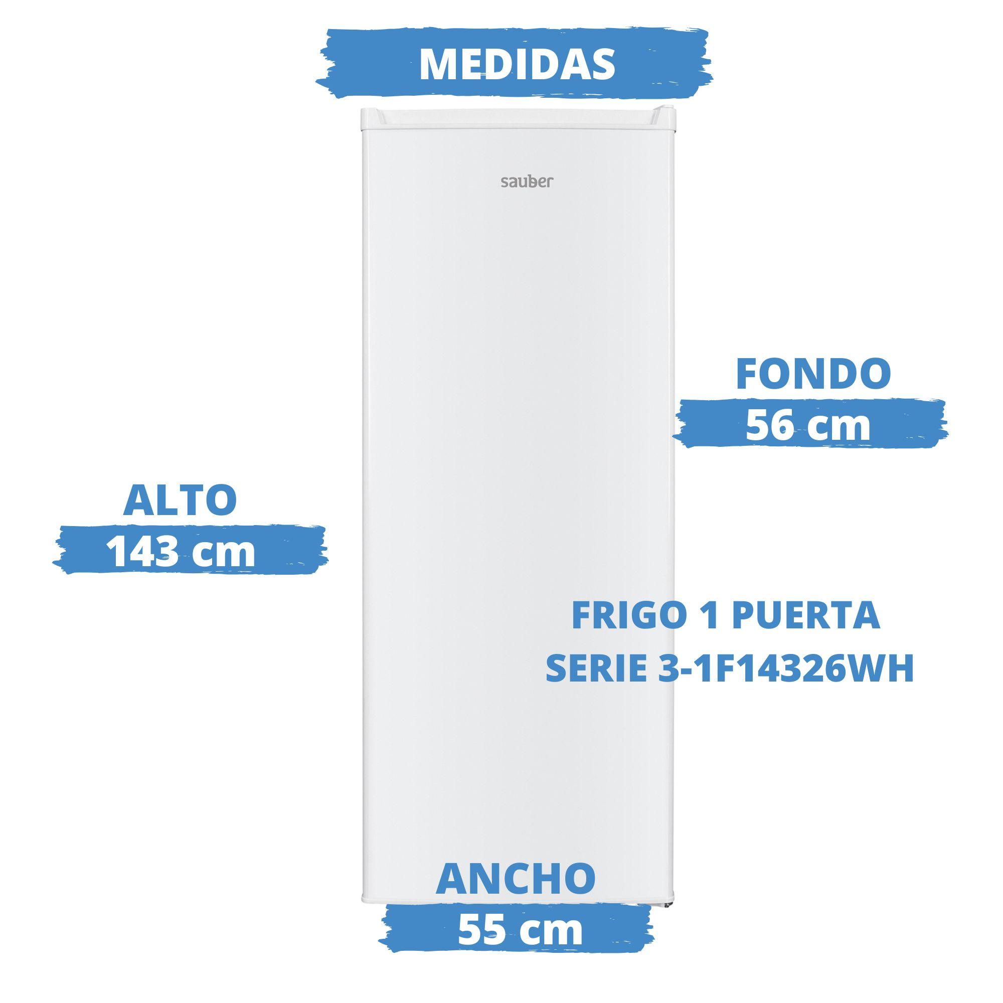 Frigorífico blanco de una puerta Sauber con medidas: alto 143 cm, ancho 55 cm, fondo 56 cm.