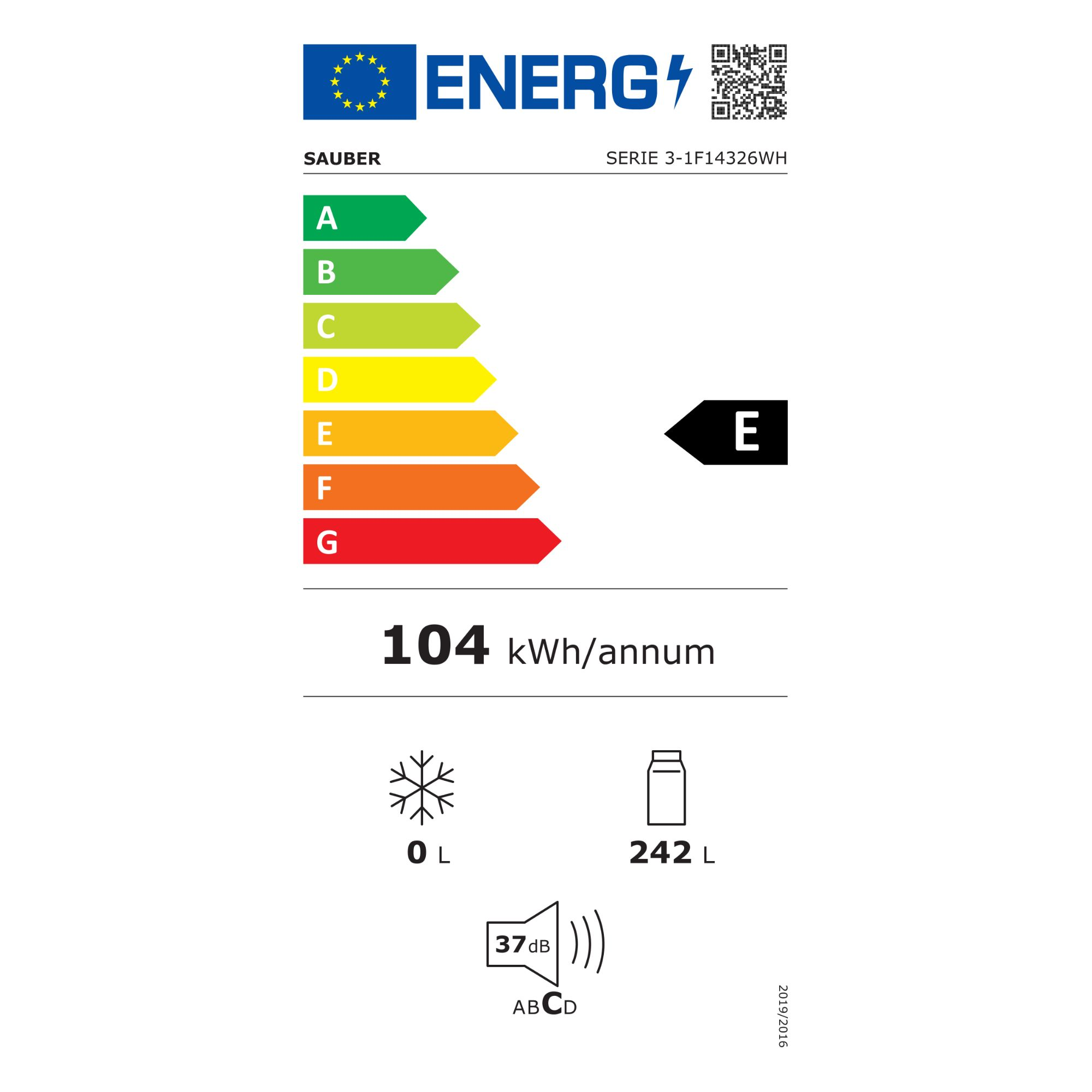 Etiqueta de eficiencia energética Sauber SERIE 3, clase E, 104 kWh/año, 37 dB.