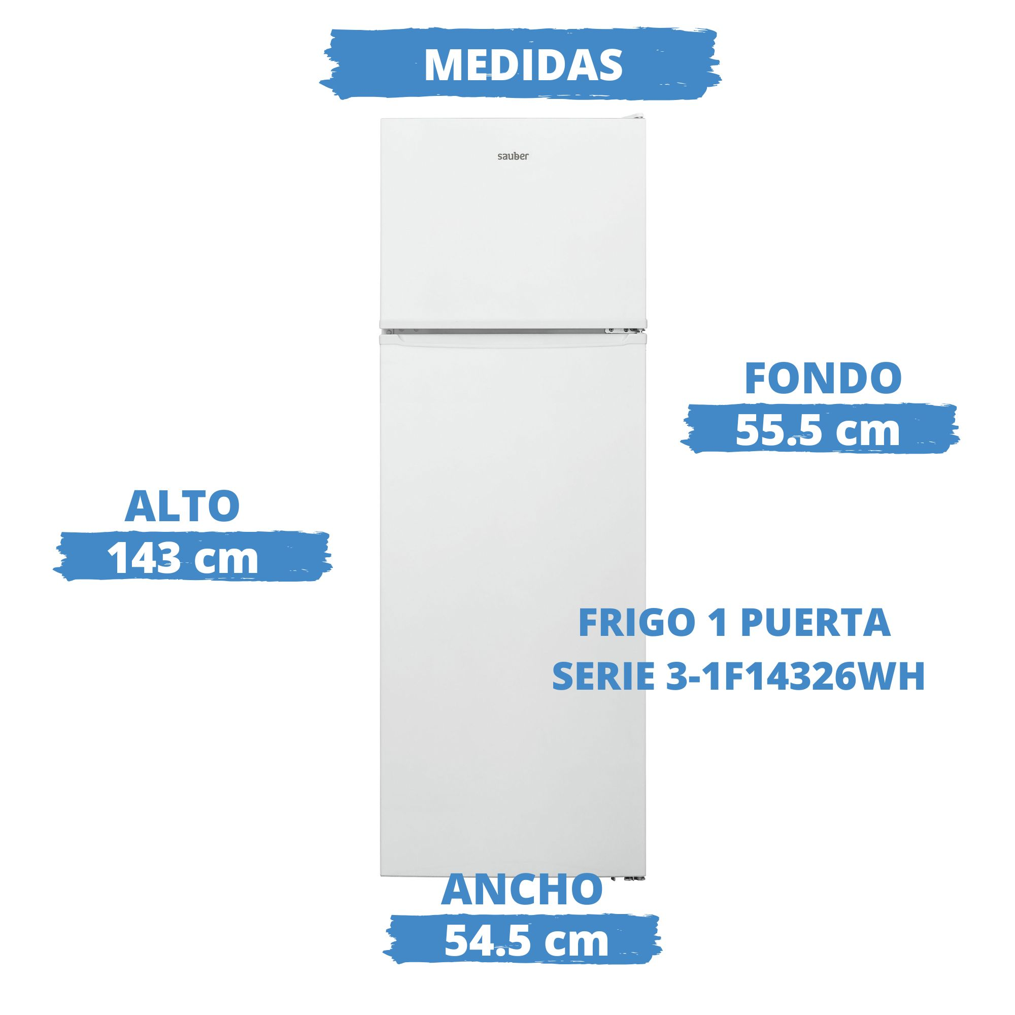 Frigorífico blanco Sauber con medidas: alto 143 cm, ancho 54,5 cm, fondo 55,5 cm.