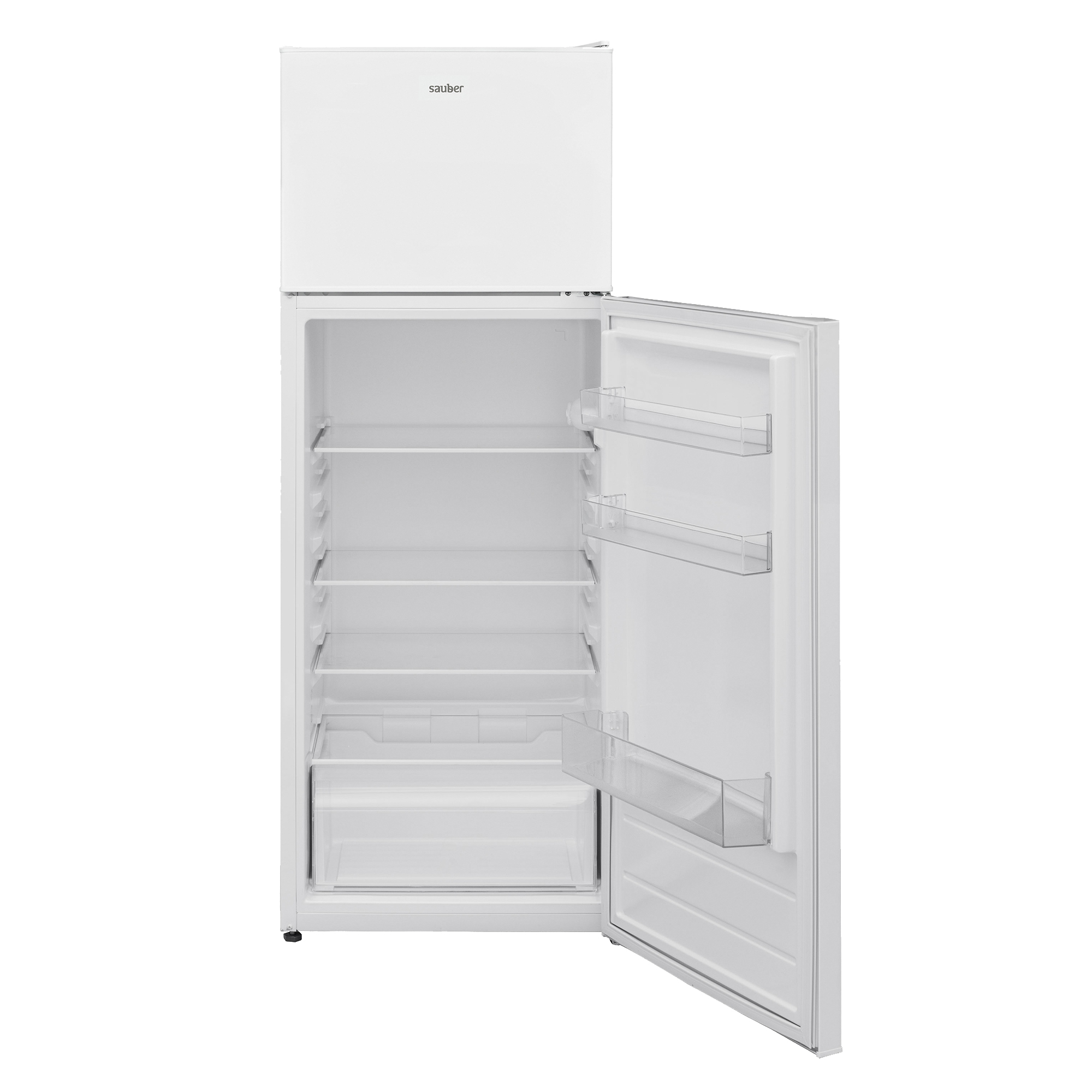 Un refrigerador Sauber blanco con la puerta abierta, mostrando estantes sobre un fondo blanco.