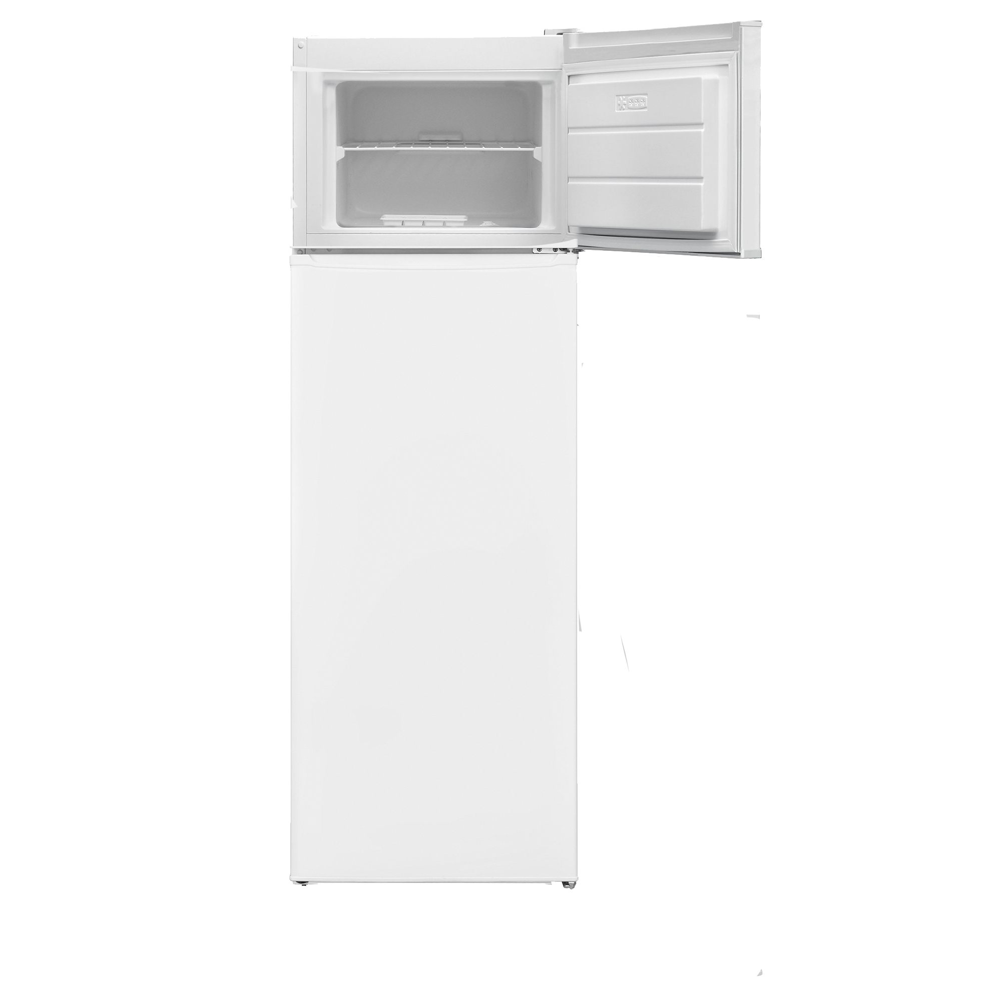 Un refrigerador blanco de dos puertas con la puerta superior del congelador abierta sobre un fondo blanco.