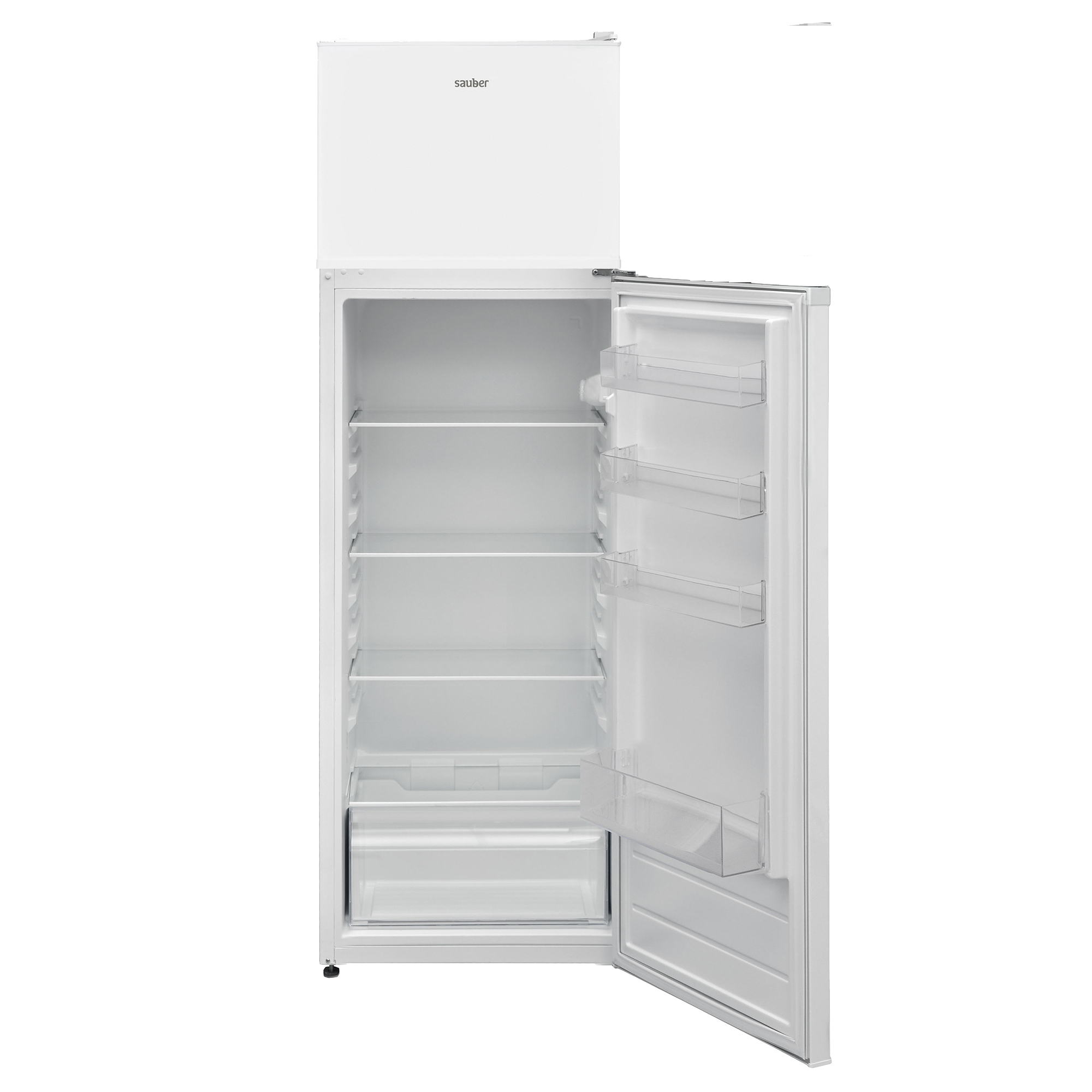 Un refrigerador Sauber blanco con la puerta principal abierta, revelando estantes de vidrio y compartimentos vacíos.
