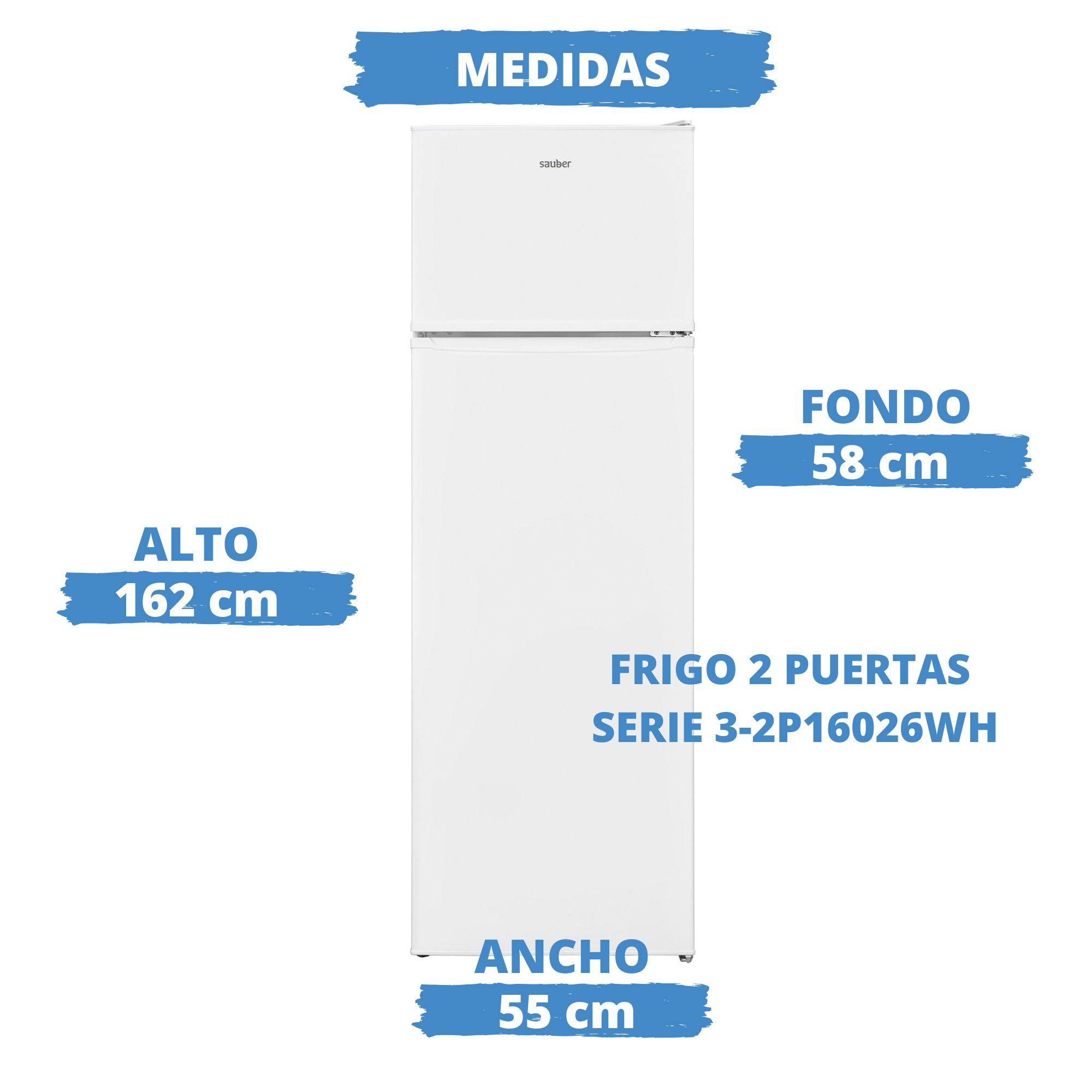 Frigorífico blanco de dos puertas con medidas sobre fondo blanco.