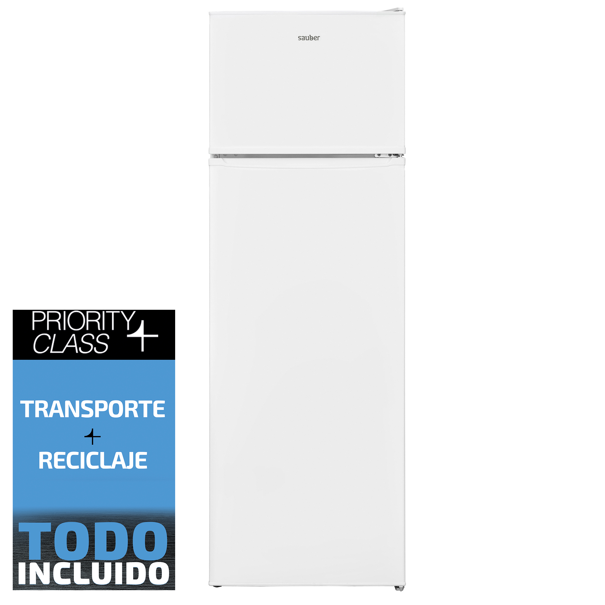 Un refrigerador blanco Sauber de dos puertas junto a un cartel promocional de transporte y reciclaje.