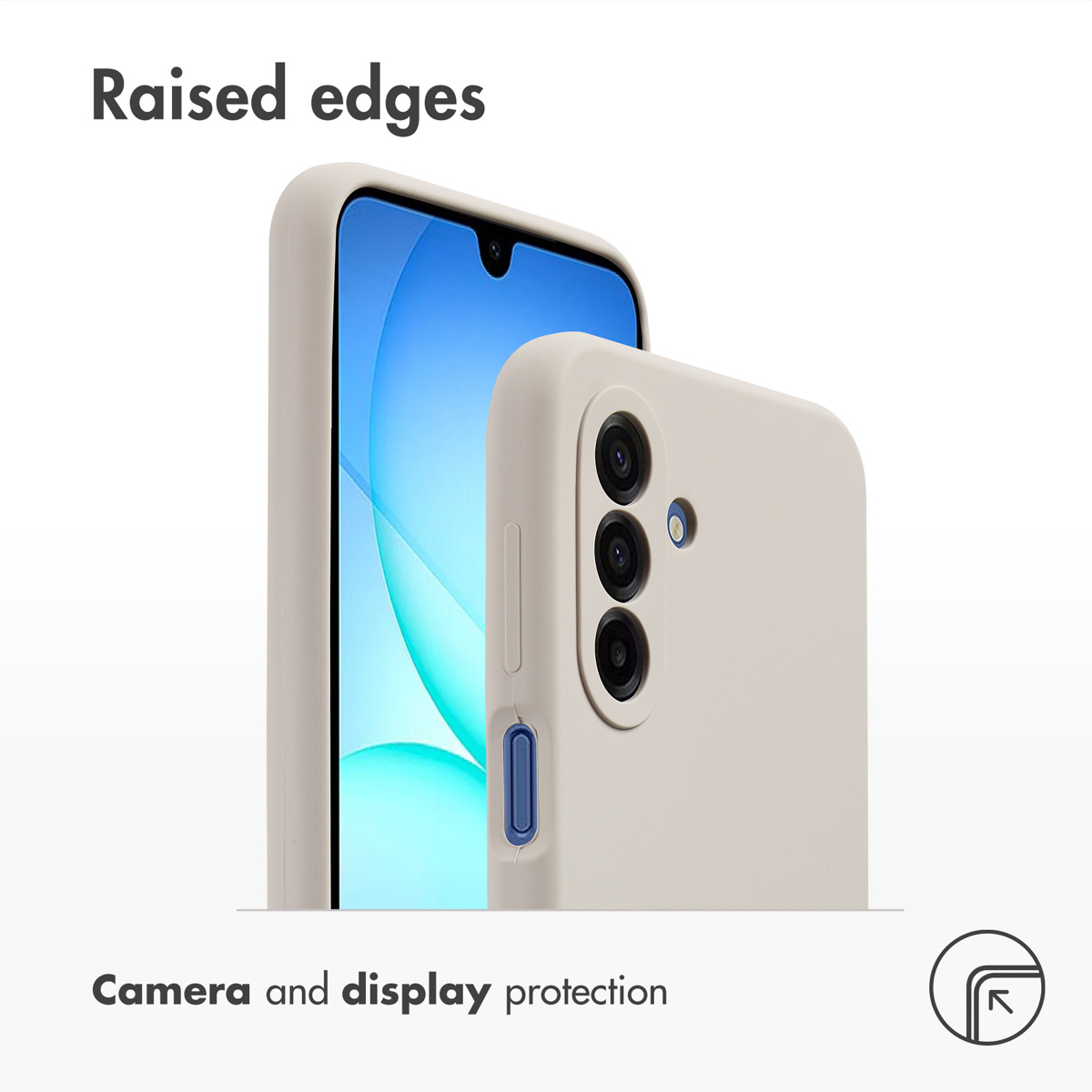 Funda de móvil beige con bordes elevados para proteger la cámara y la pantalla.
