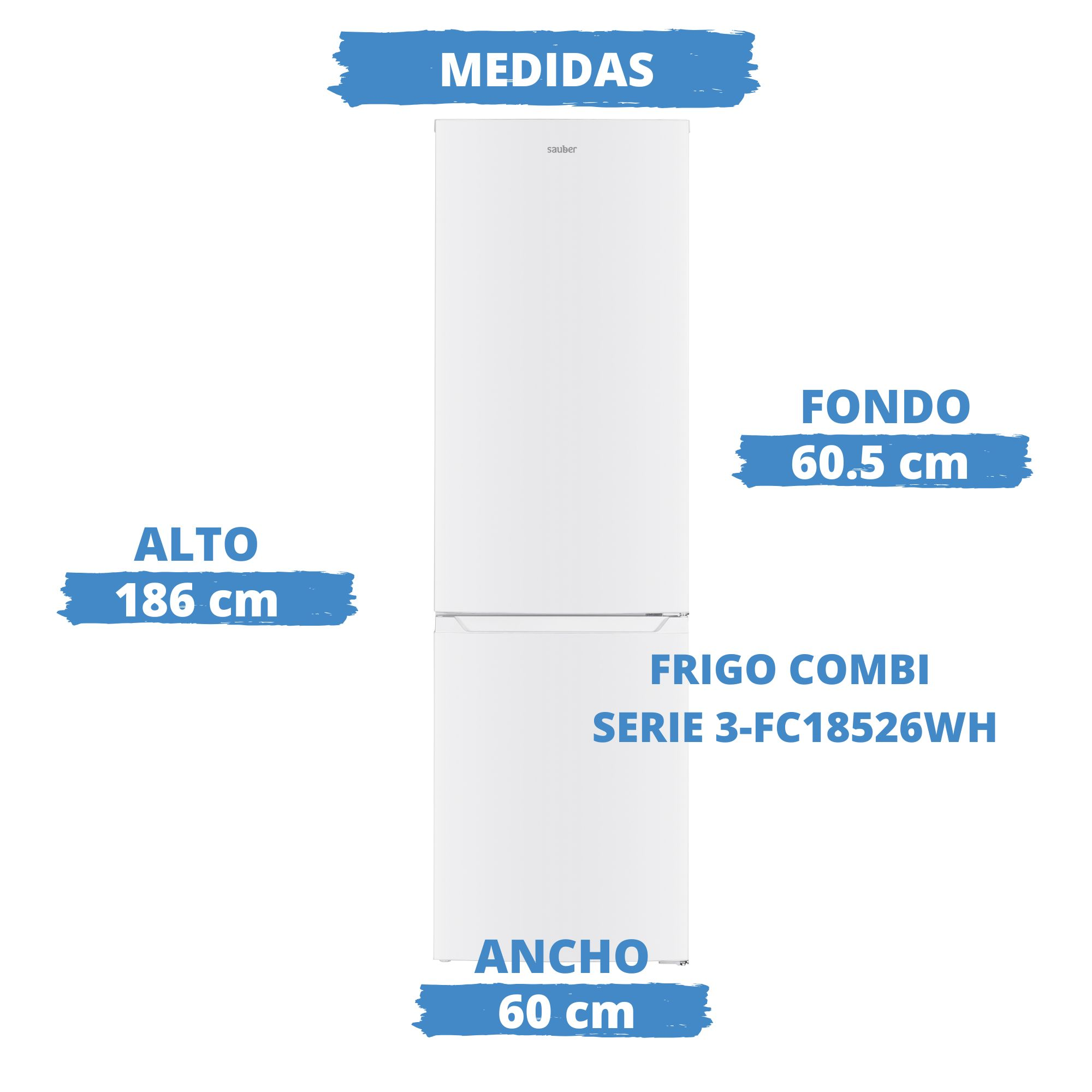Frigorífico combi blanco con medidas: alto 186 cm, ancho 60 cm, fondo 60,5 cm.