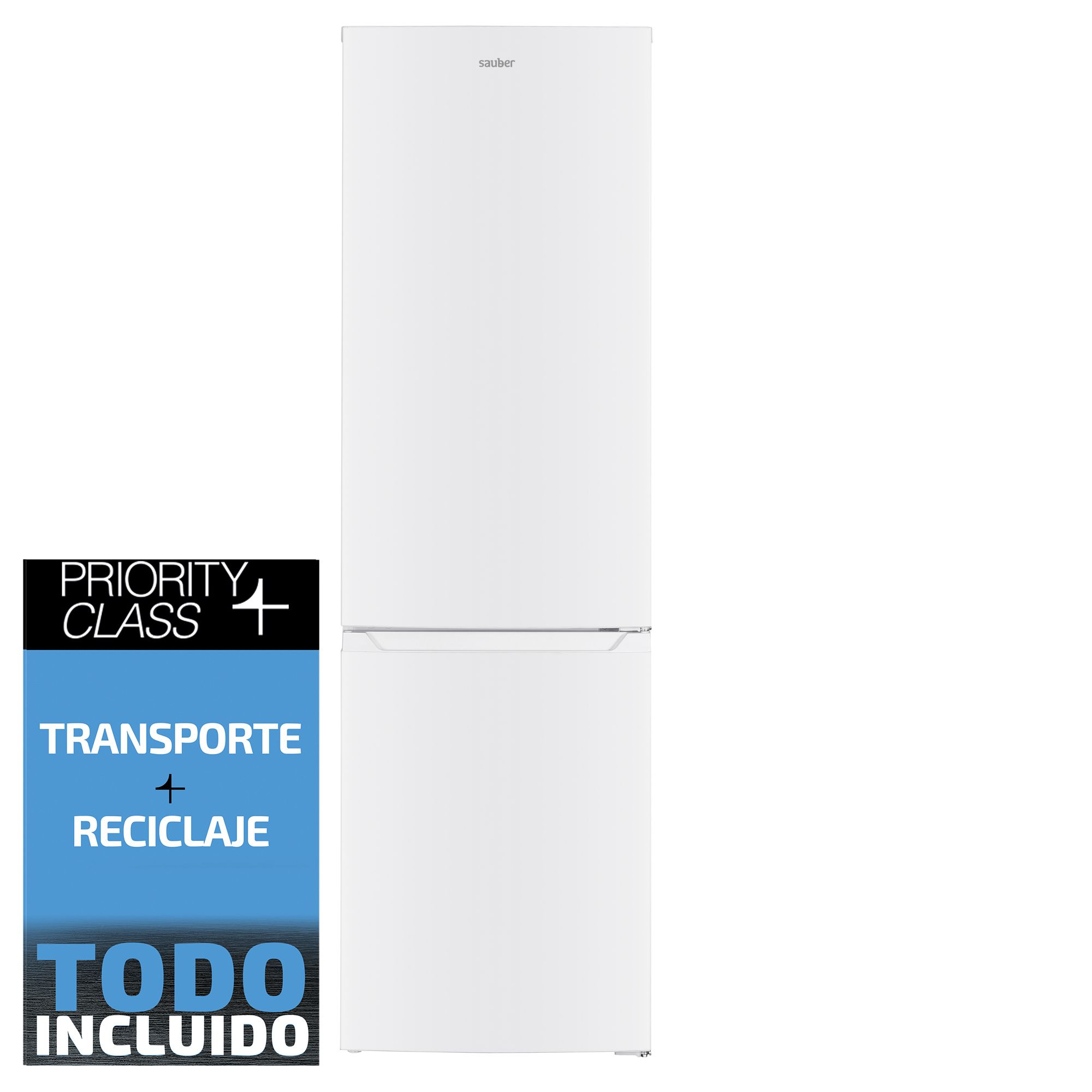Un refrigerador blanco Sauber sobre fondo blanco con un cartel promocional azul abajo a la izquierda.