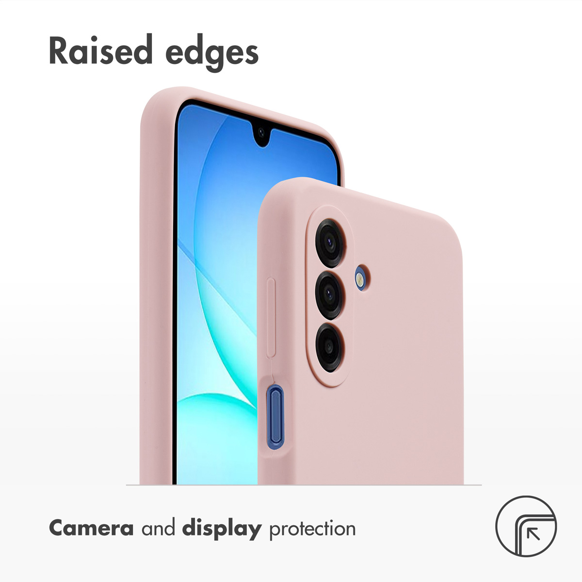 Funda de móvil rosa con bordes elevados para proteger la cámara y la pantalla sobre fondo blanco.