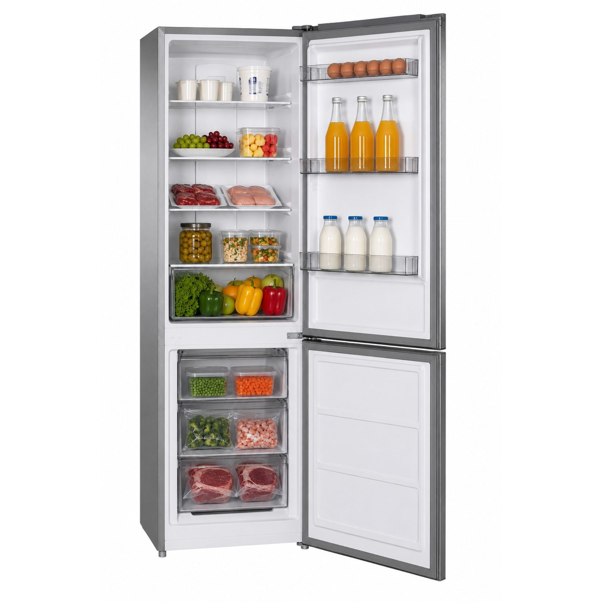 Un refrigerador abierto lleno de fruta fresca, verduras, carne y bebidas en los estantes.