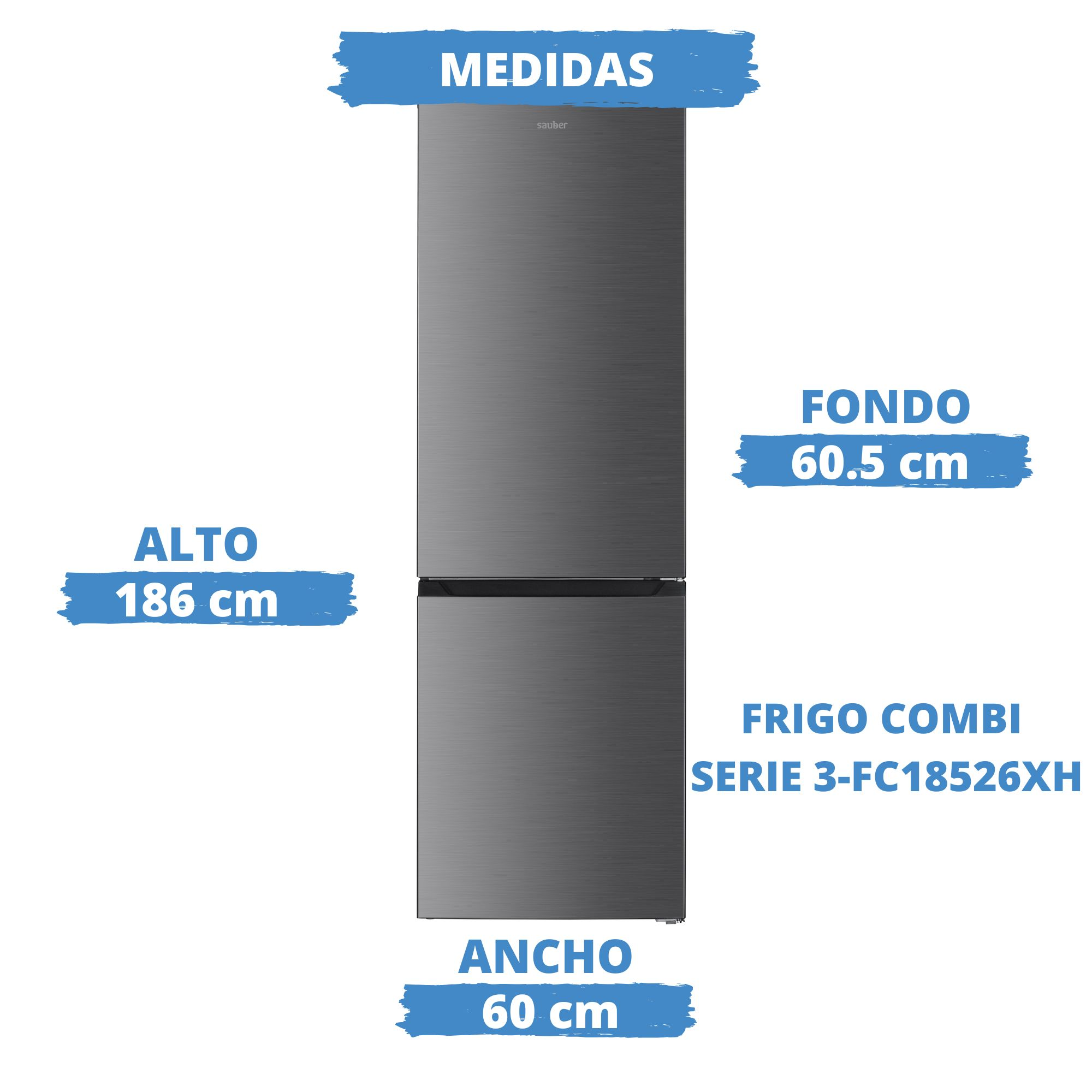 Frigorífico combi gris con medidas: alto 186 cm, ancho 60 cm, fondo 60,5 cm.
