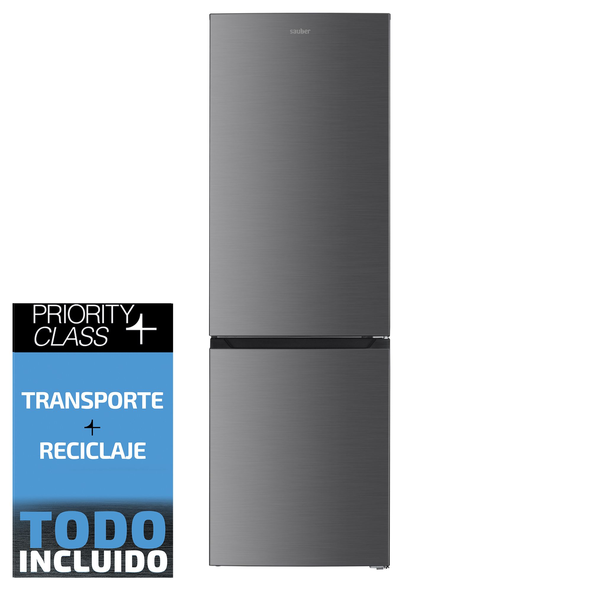 Un refrigerador gris Sauber con cartel de transporte y reciclaje.