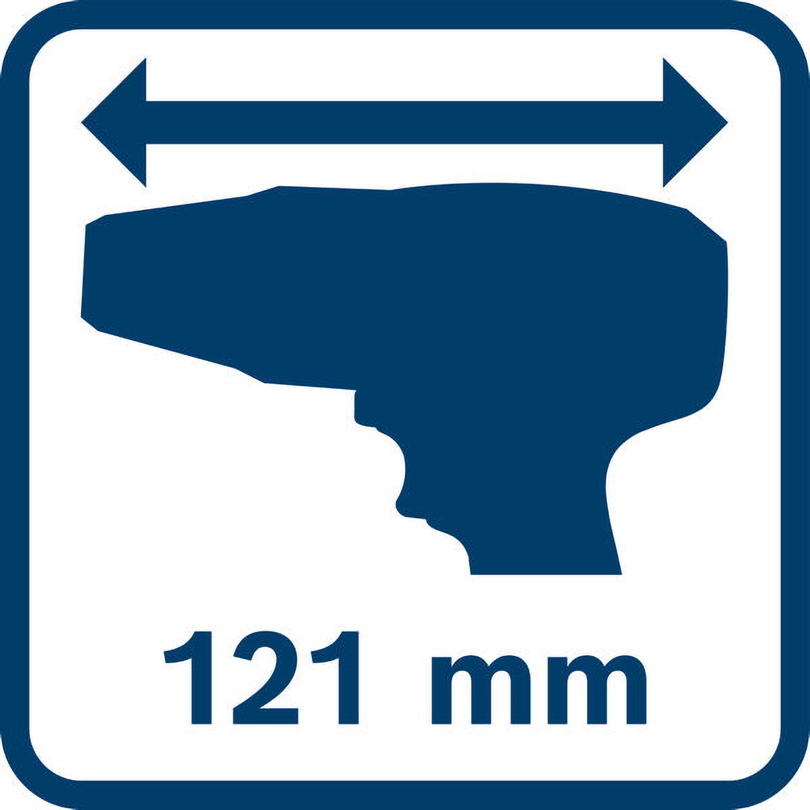 Blaues Icon mit einer Werkzeugsilhouette und der Maßangabe 121 mm.