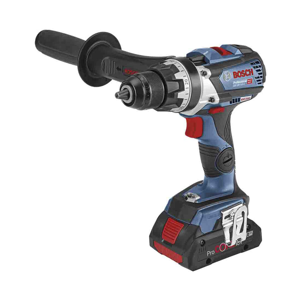 Un trapano a batteria Bosch blu e nero con impugnatura laterale e batteria su sfondo bianco.