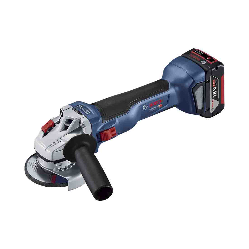 Smerigliatrice angolare a batteria Bosch blu e nera con batteria su sfondo bianco.