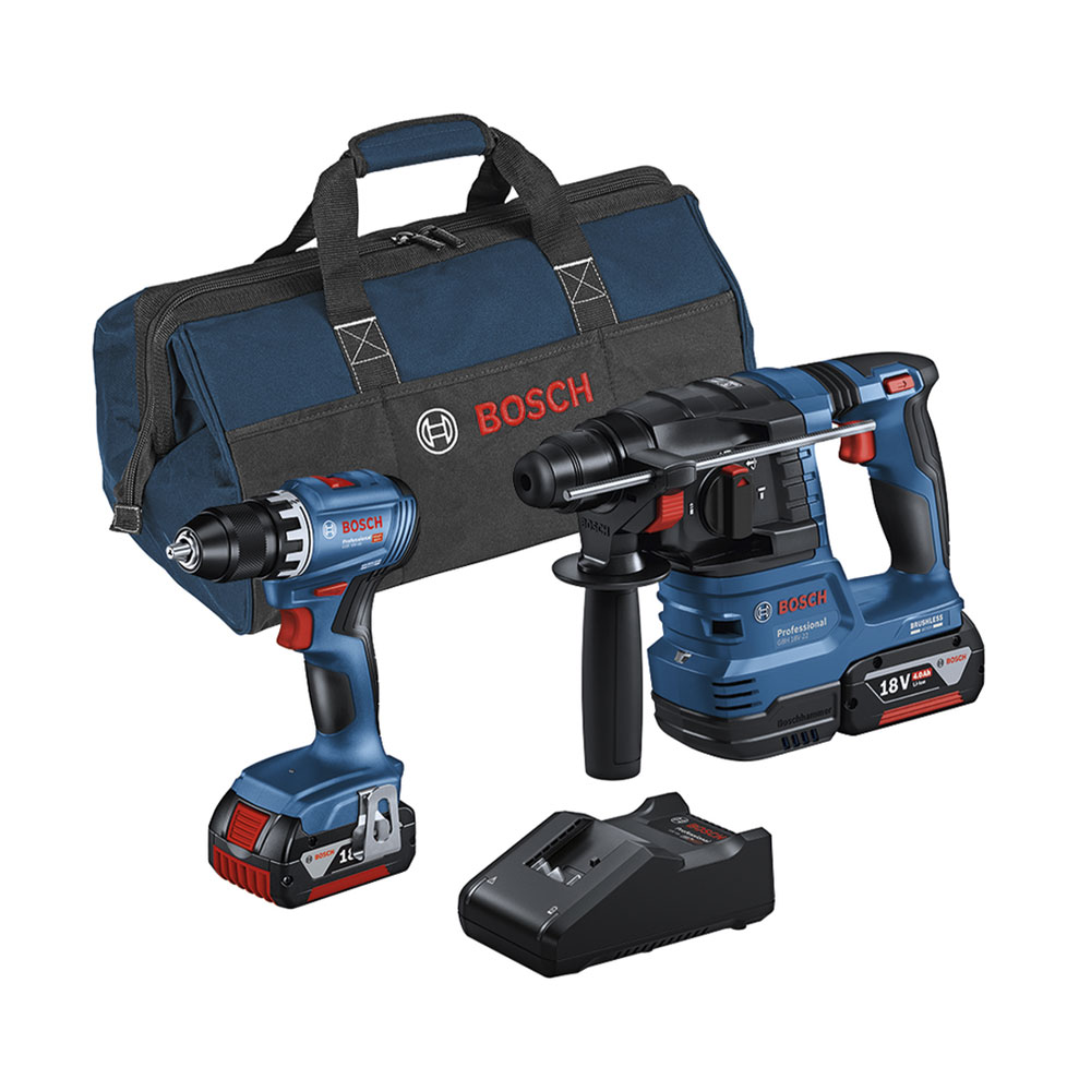 Un trapano a batteria Bosch blu, tassellatore, caricabatterie e borsa porta attrezzi su sfondo bianco.