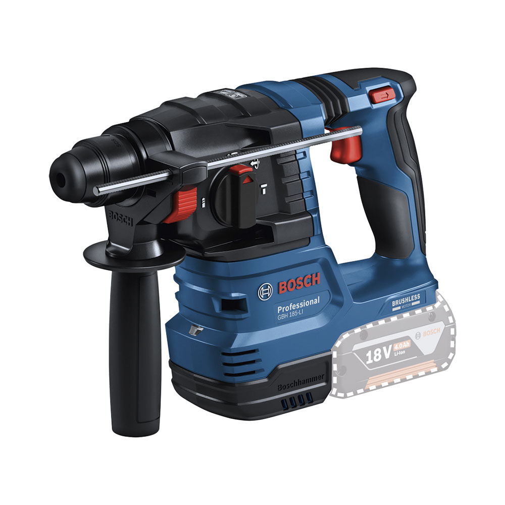 Un martello perforatore a batteria Bosch Professional blu e nero con impugnatura laterale su sfondo bianco.